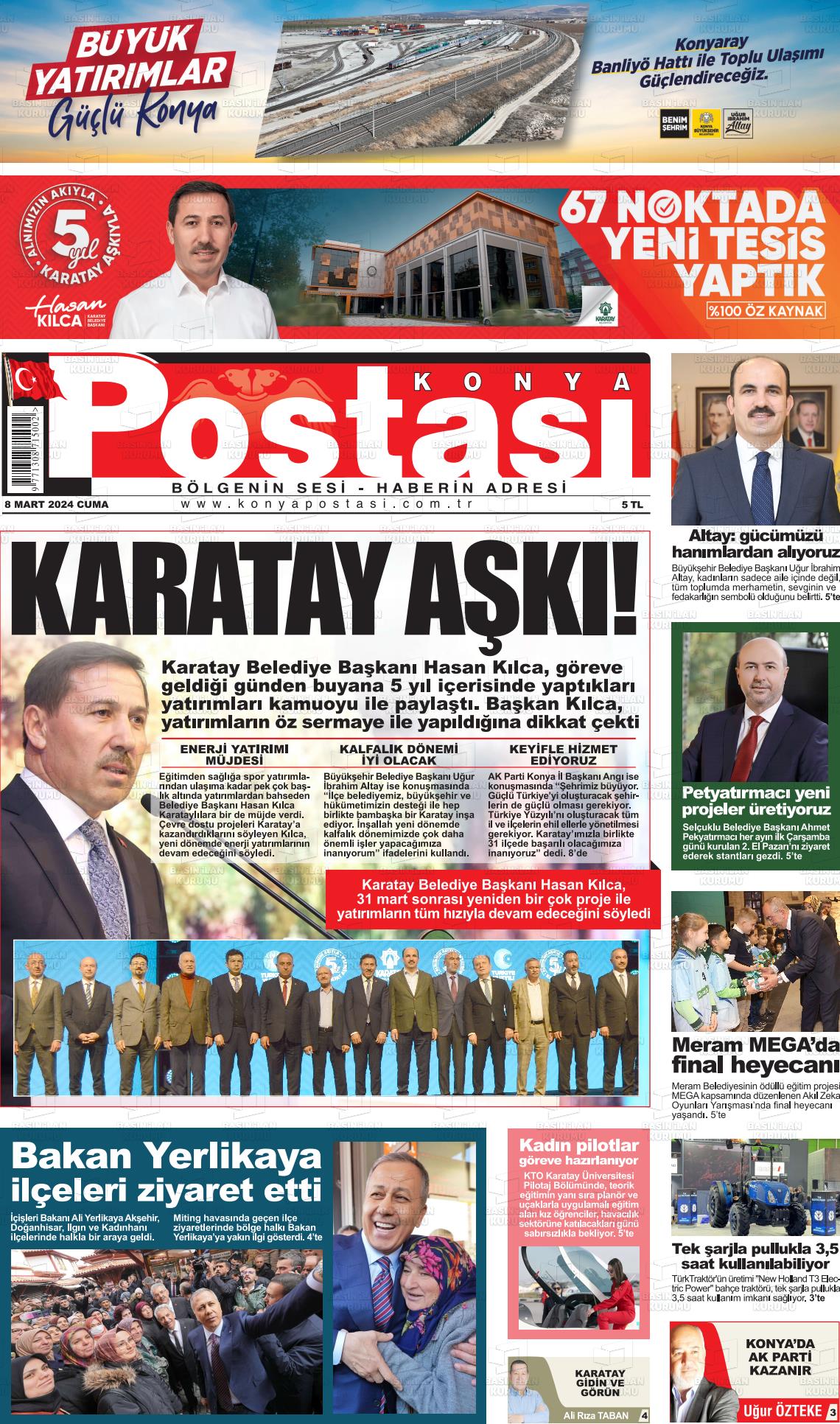 08 Mart 2024 Konya Postası Gazete Manşeti