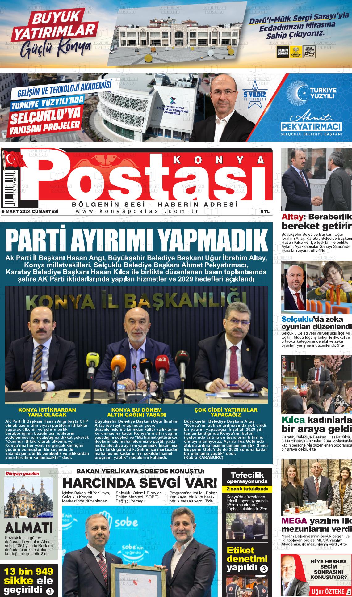 09 Mart 2024 Konya Postası Gazete Manşeti