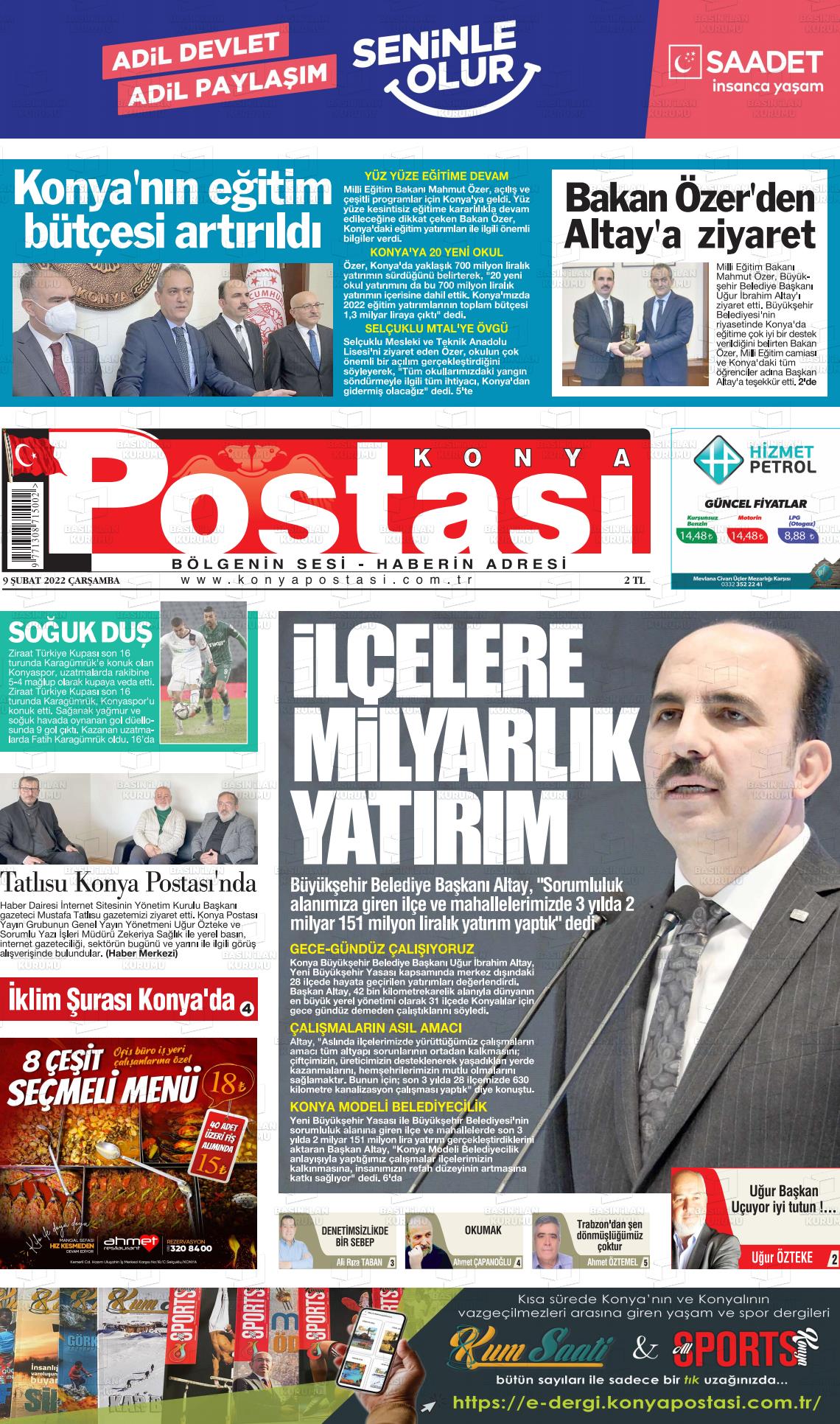 09 Nisan 2022 Konya Postası Gazete Manşeti