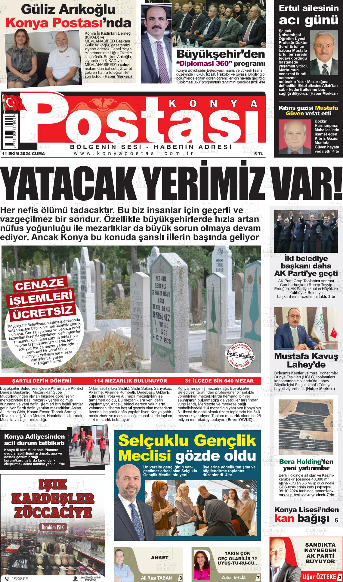 11 Ekim 2024 Konya Postası Gazete Manşeti