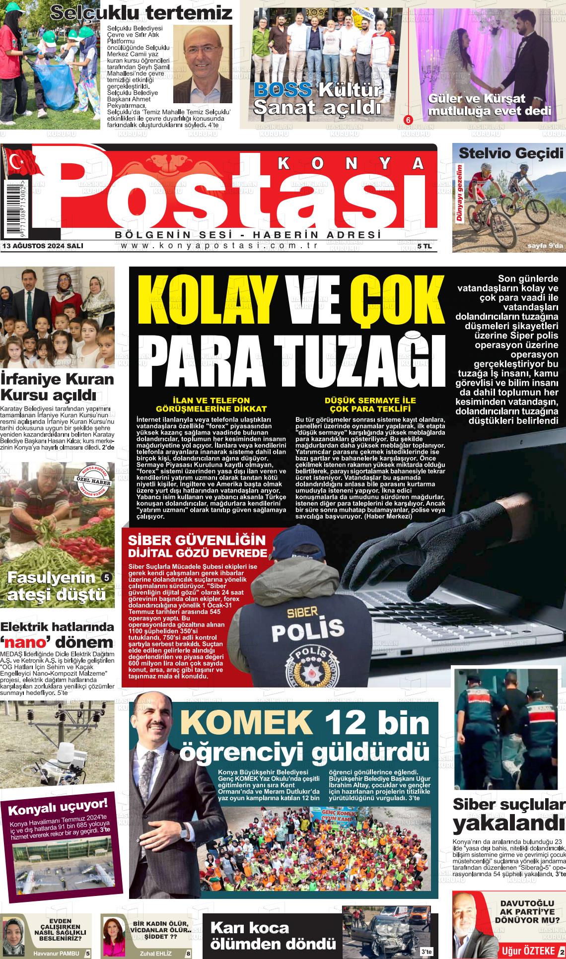 13 Ağustos 2024 Konya Postası Gazete Manşeti