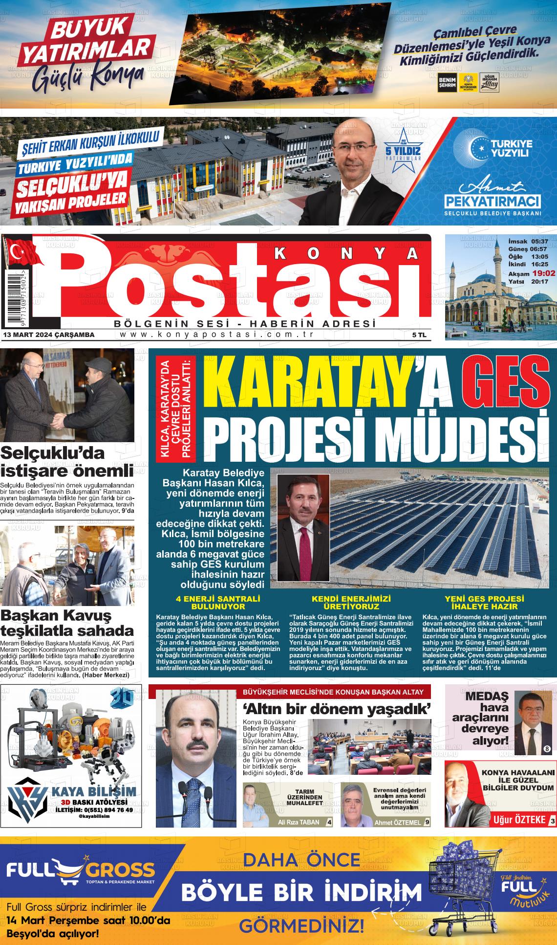 13 Mart 2024 Konya Postası Gazete Manşeti