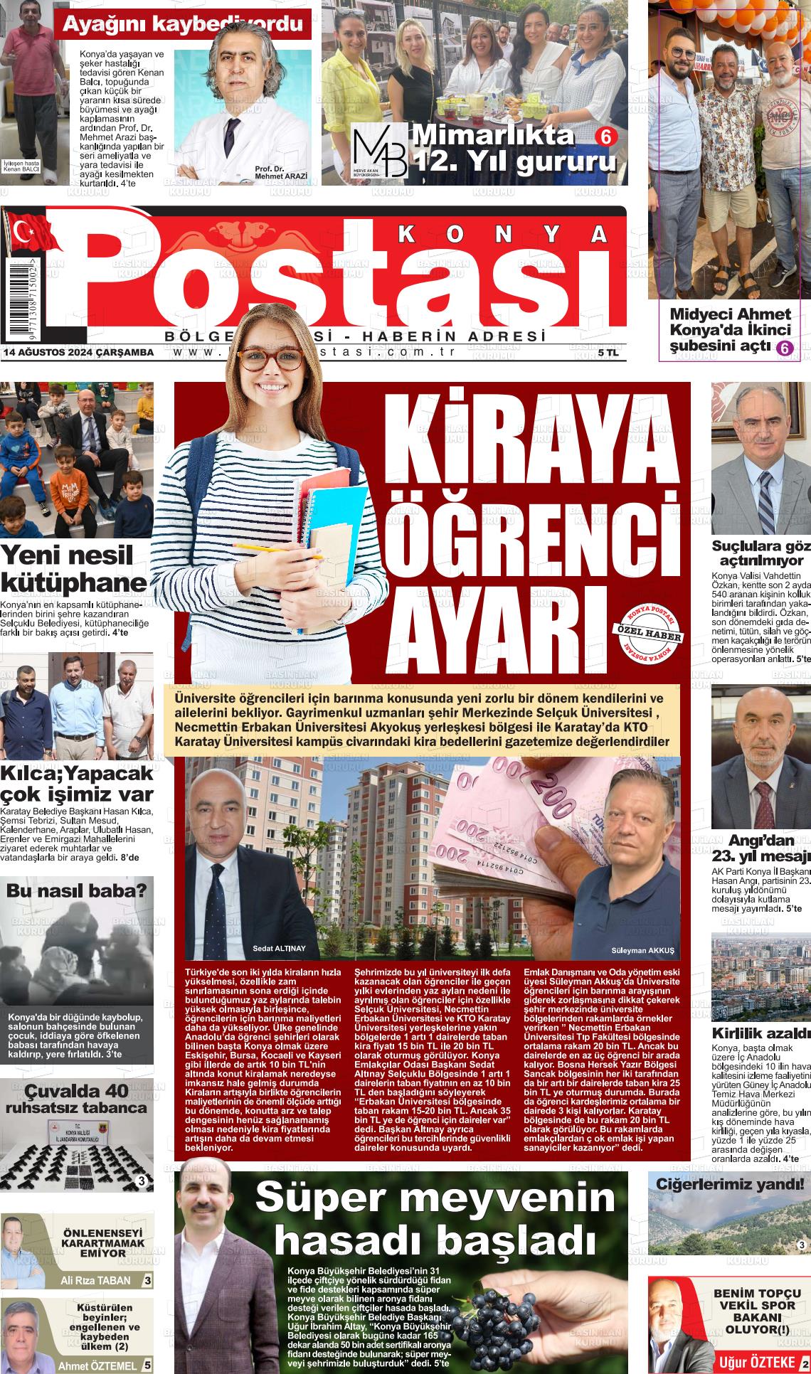 14 Ağustos 2024 Konya Postası Gazete Manşeti