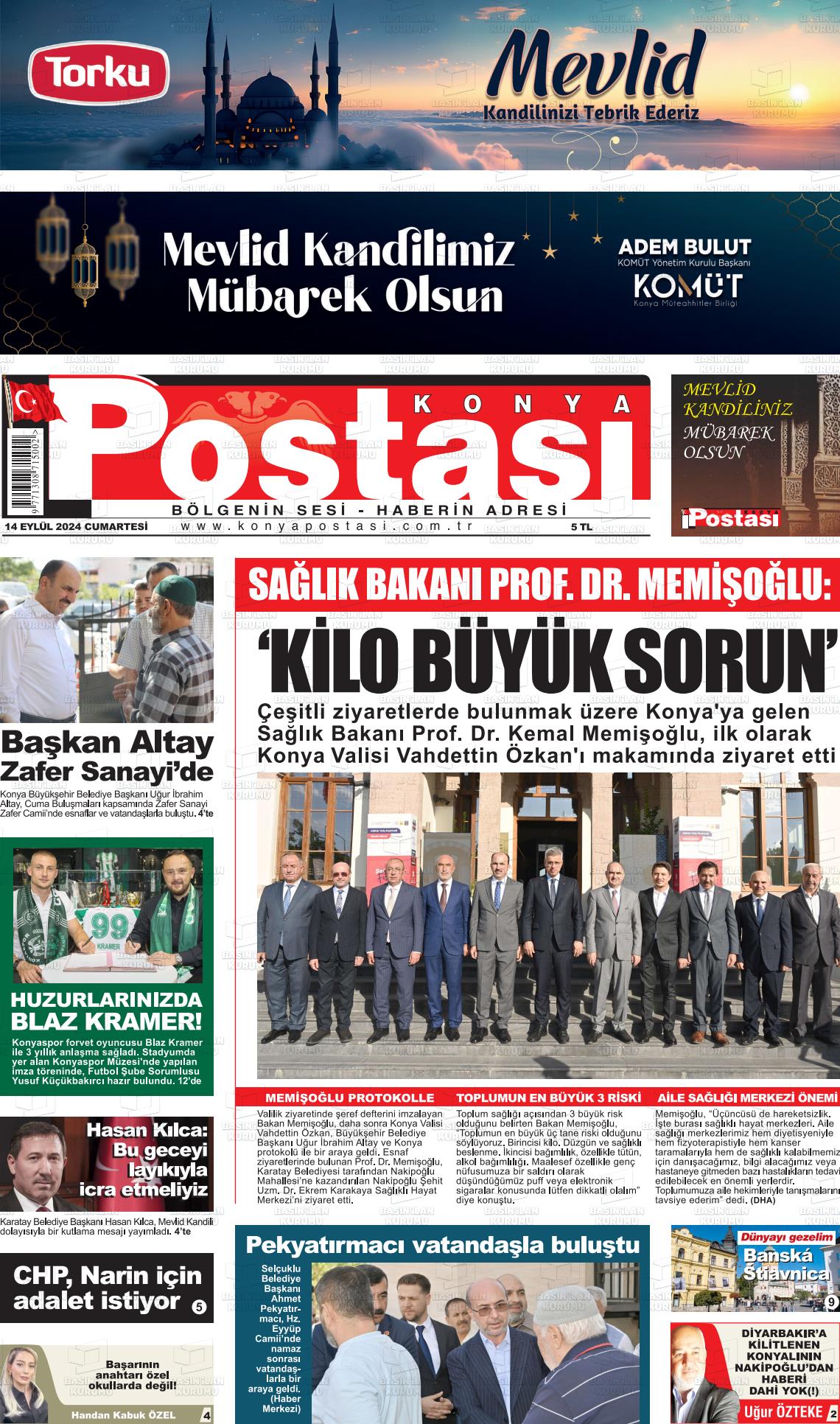 14 Eylül 2024 Konya Postası Gazete Manşeti