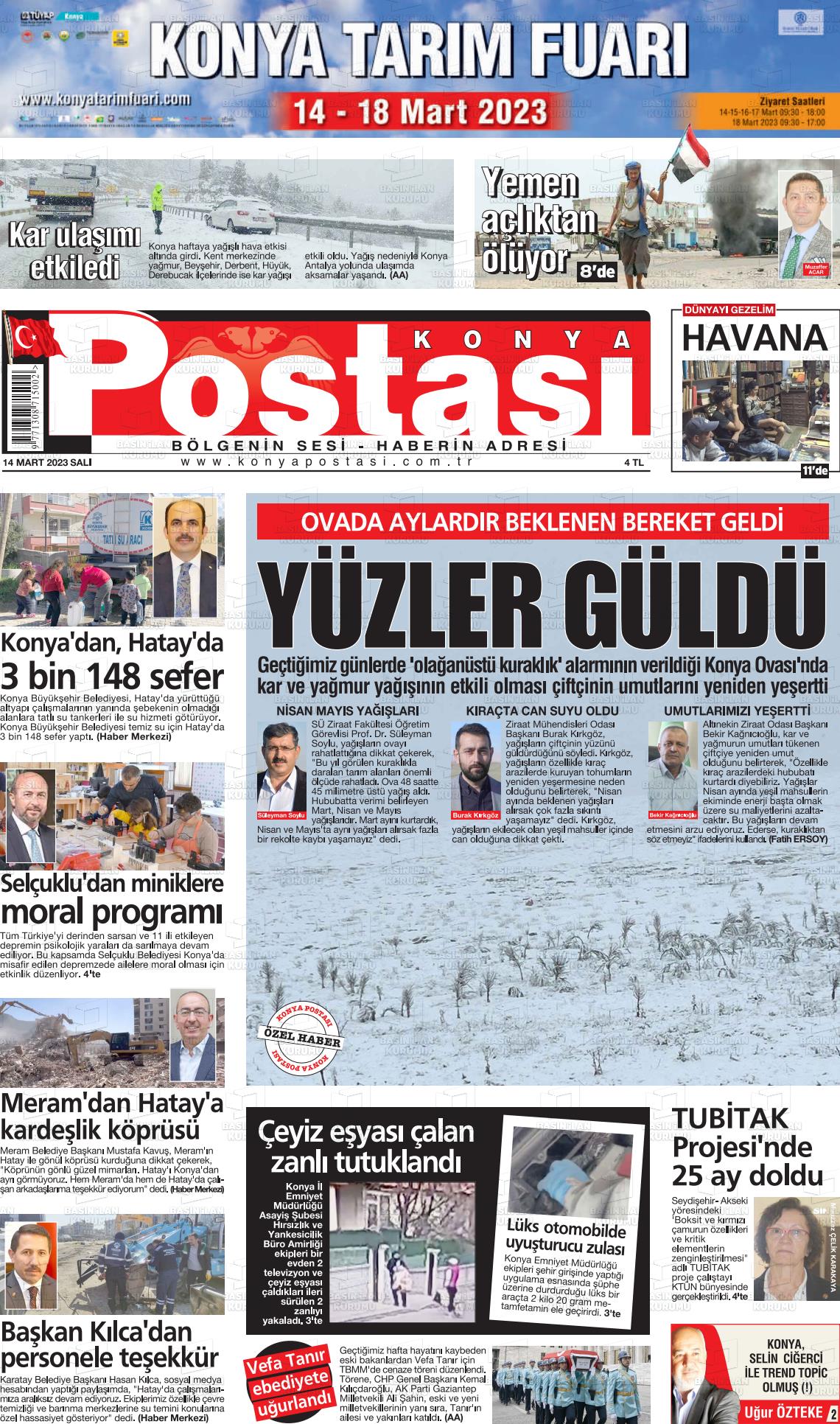 14 Mart 2023 Konya Postası Gazete Manşeti