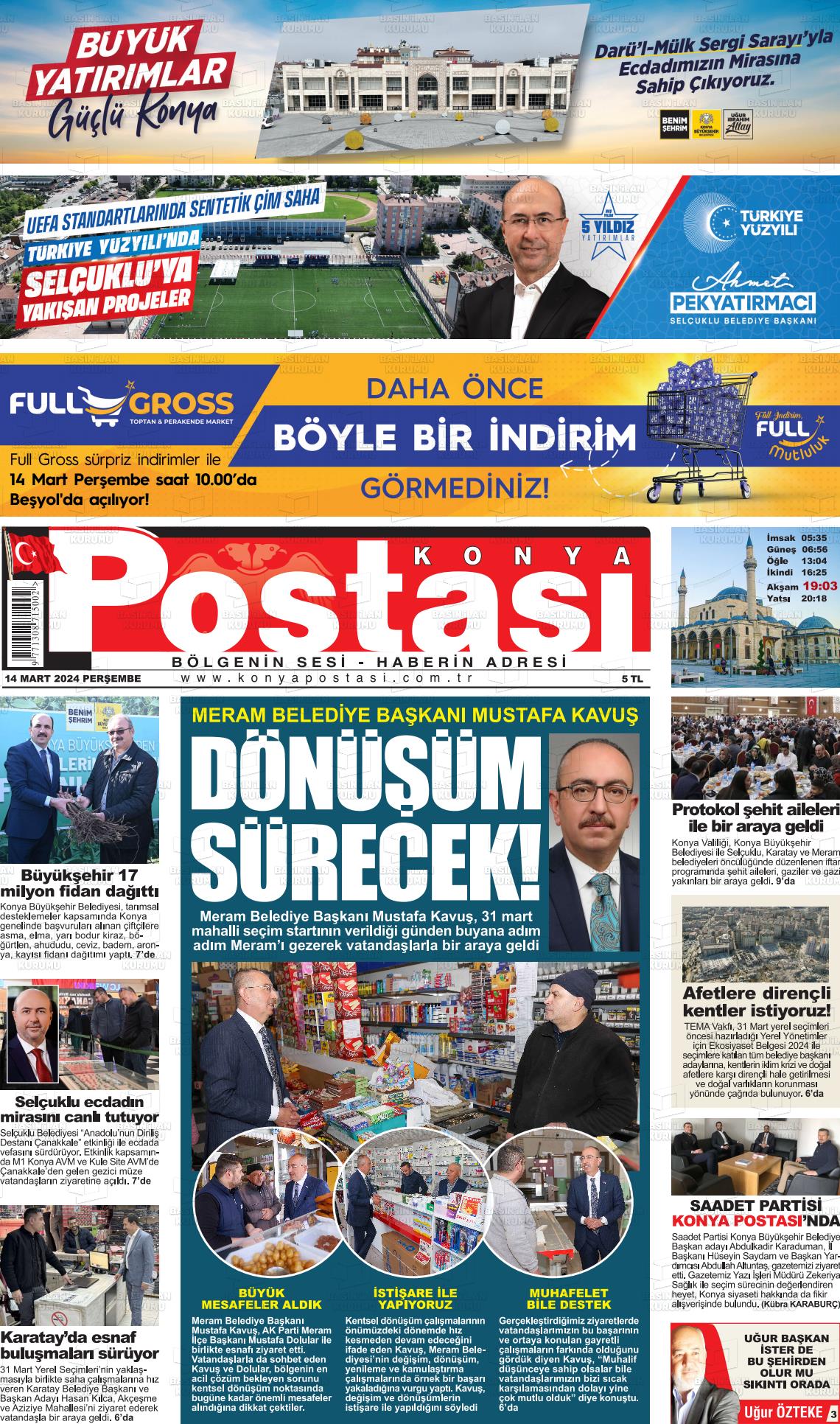 14 Mart 2024 Konya Postası Gazete Manşeti