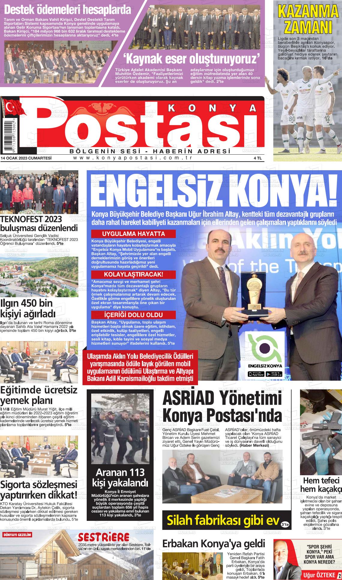 14 Ocak 2023 Konya Postası Gazete Manşeti