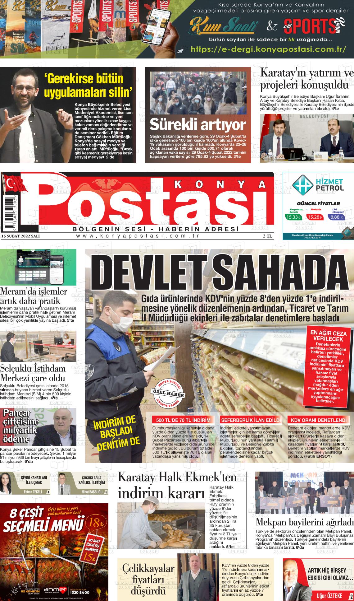 15 Şubat 2022 Konya Postası Gazete Manşeti