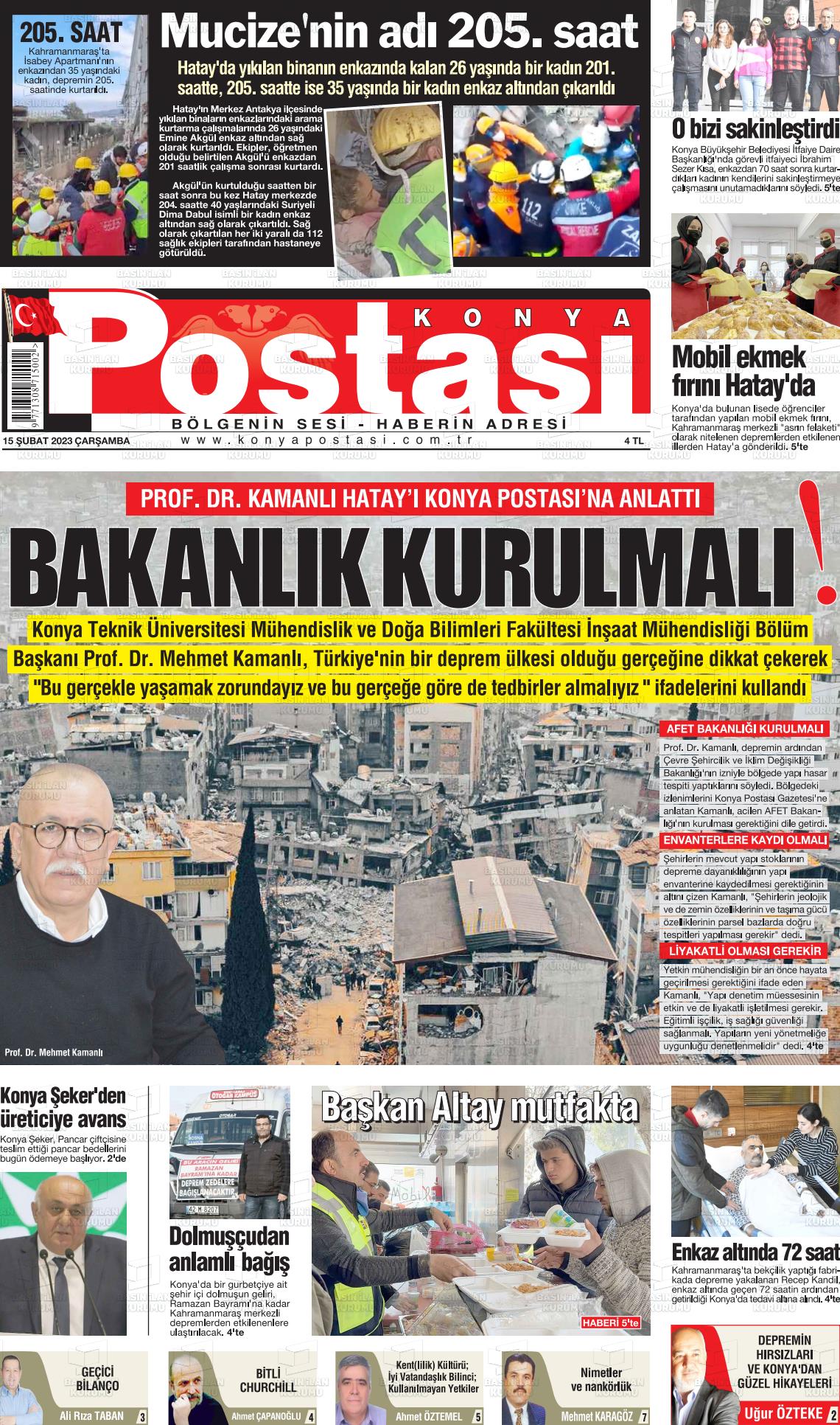 15 Şubat 2023 Konya Postası Gazete Manşeti