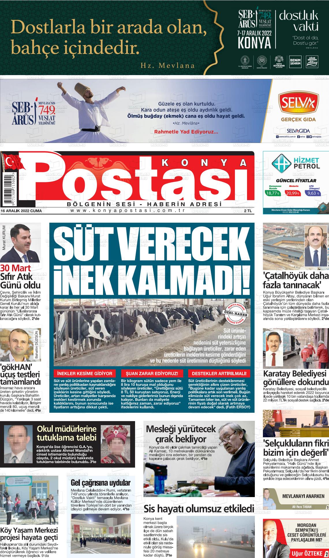 16 Aralık 2022 Konya Postası Gazete Manşeti