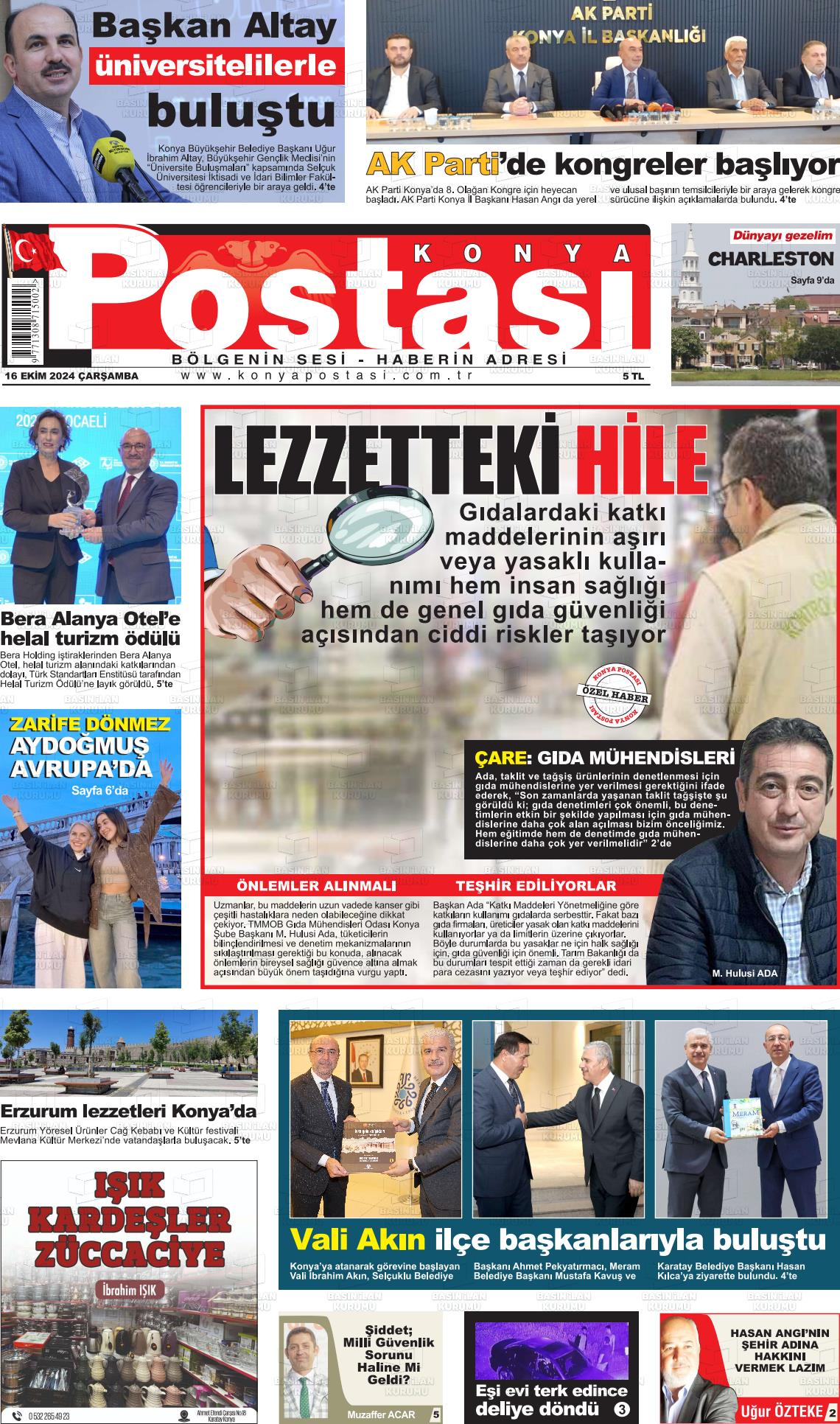 16 Ekim 2024 Konya Postası Gazete Manşeti