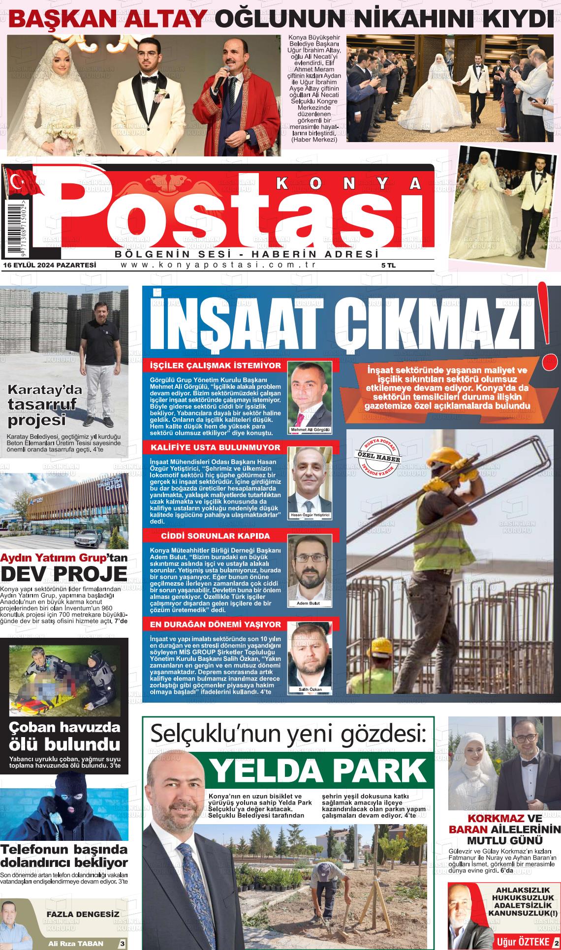 16 Eylül 2024 Konya Postası Gazete Manşeti