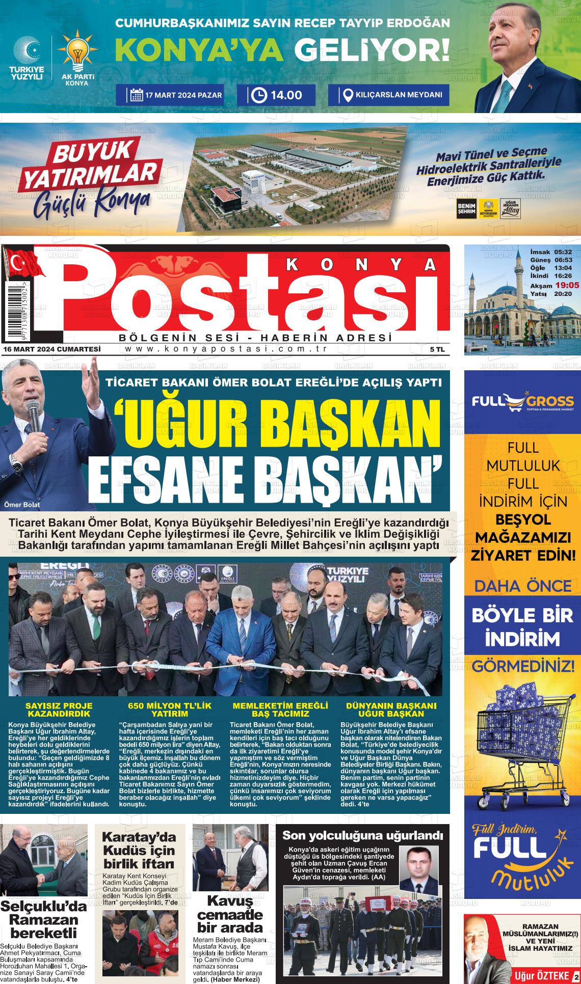 16 Mart 2024 Konya Postası Gazete Manşeti