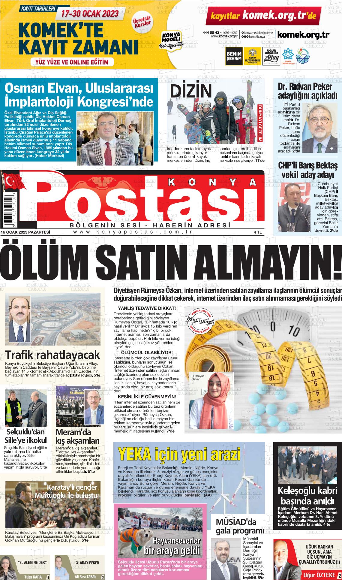 16 Ocak 2023 Konya Postası Gazete Manşeti