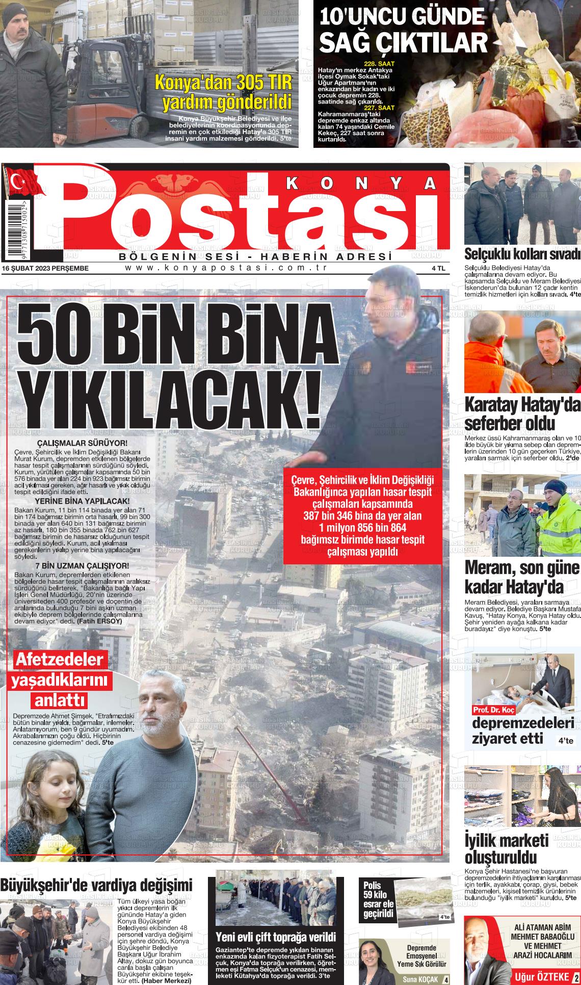 16 Şubat 2023 Konya Postası Gazete Manşeti