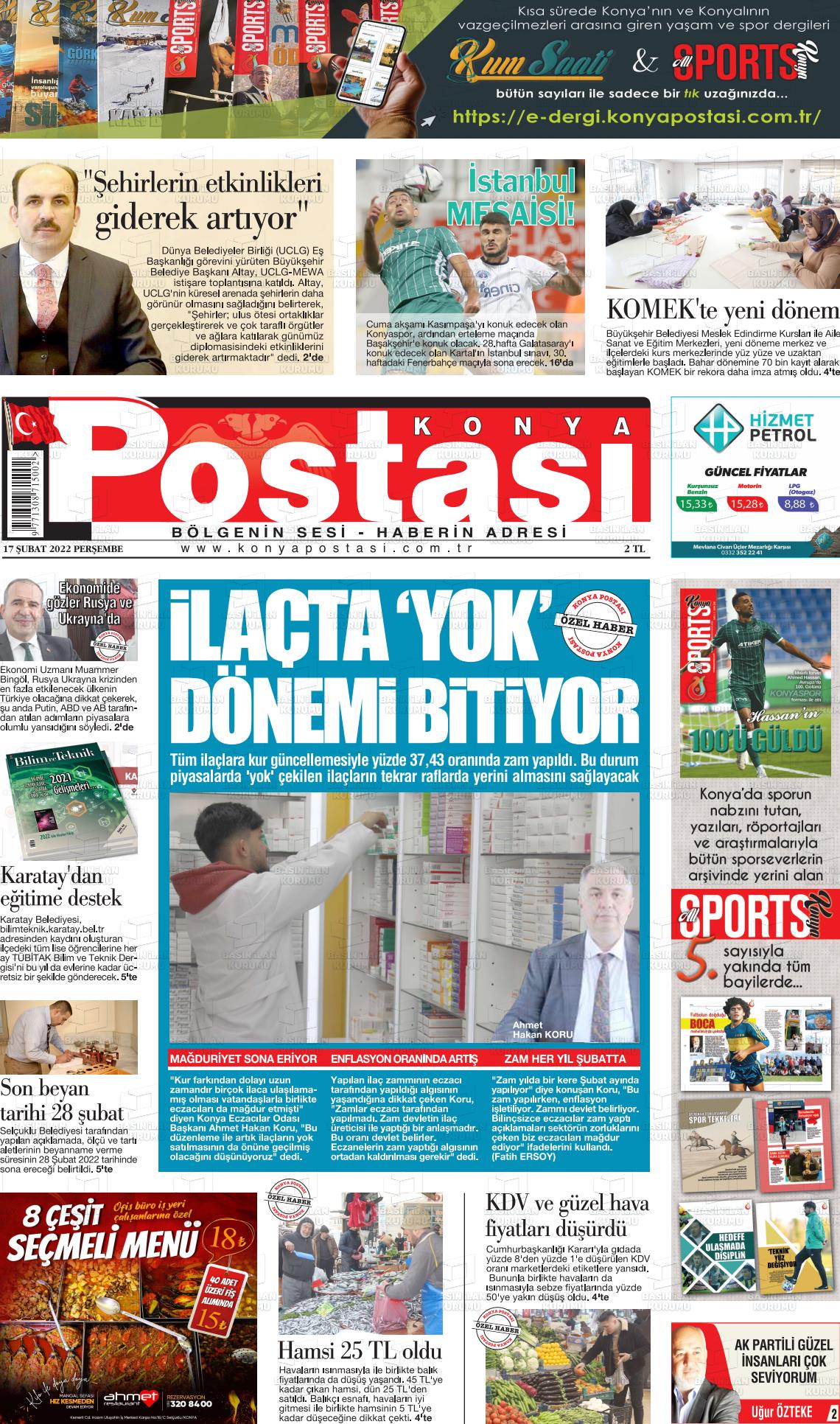 17 Şubat 2022 Konya Postası Gazete Manşeti