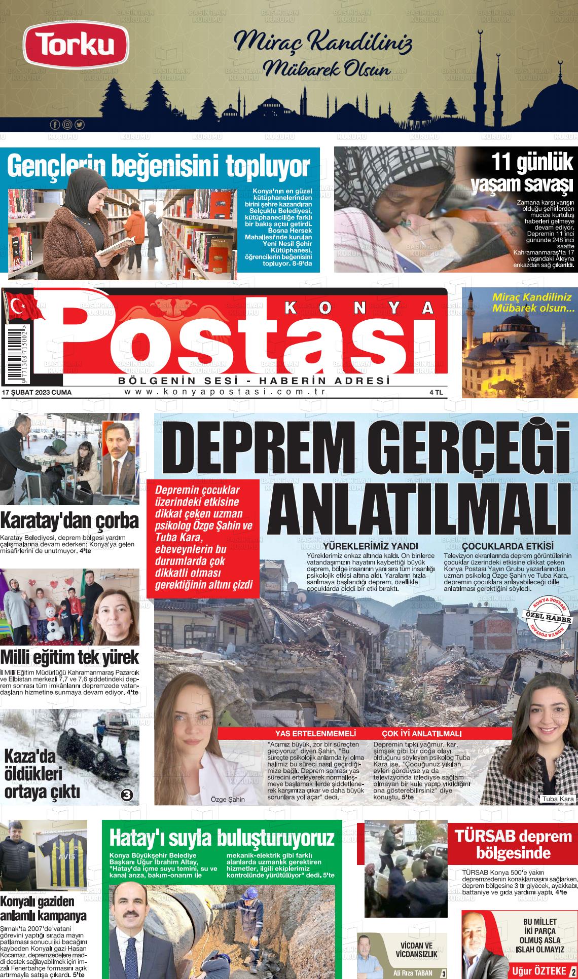 17 Şubat 2023 Konya Postası Gazete Manşeti