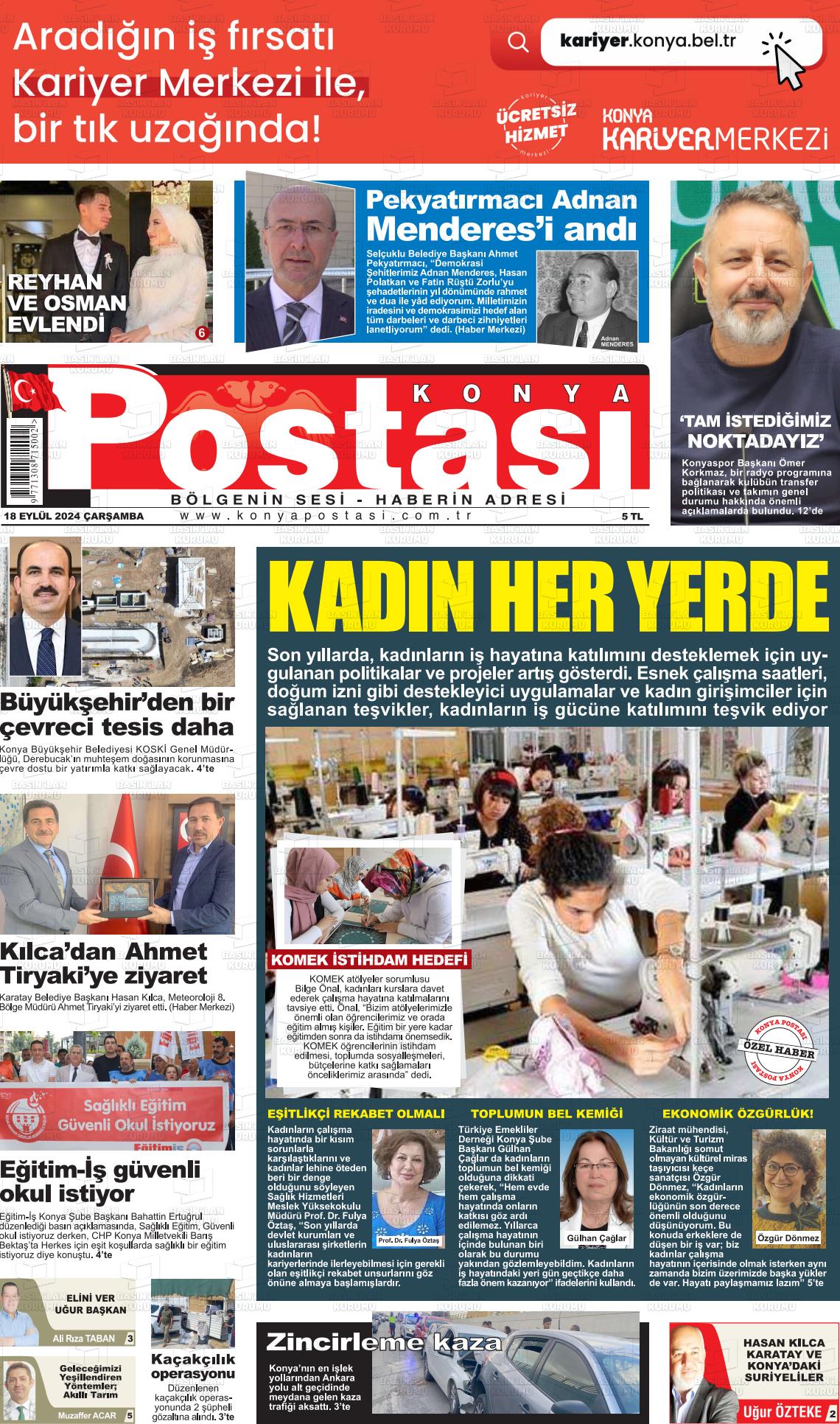 18 Eylül 2024 Konya Postası Gazete Manşeti