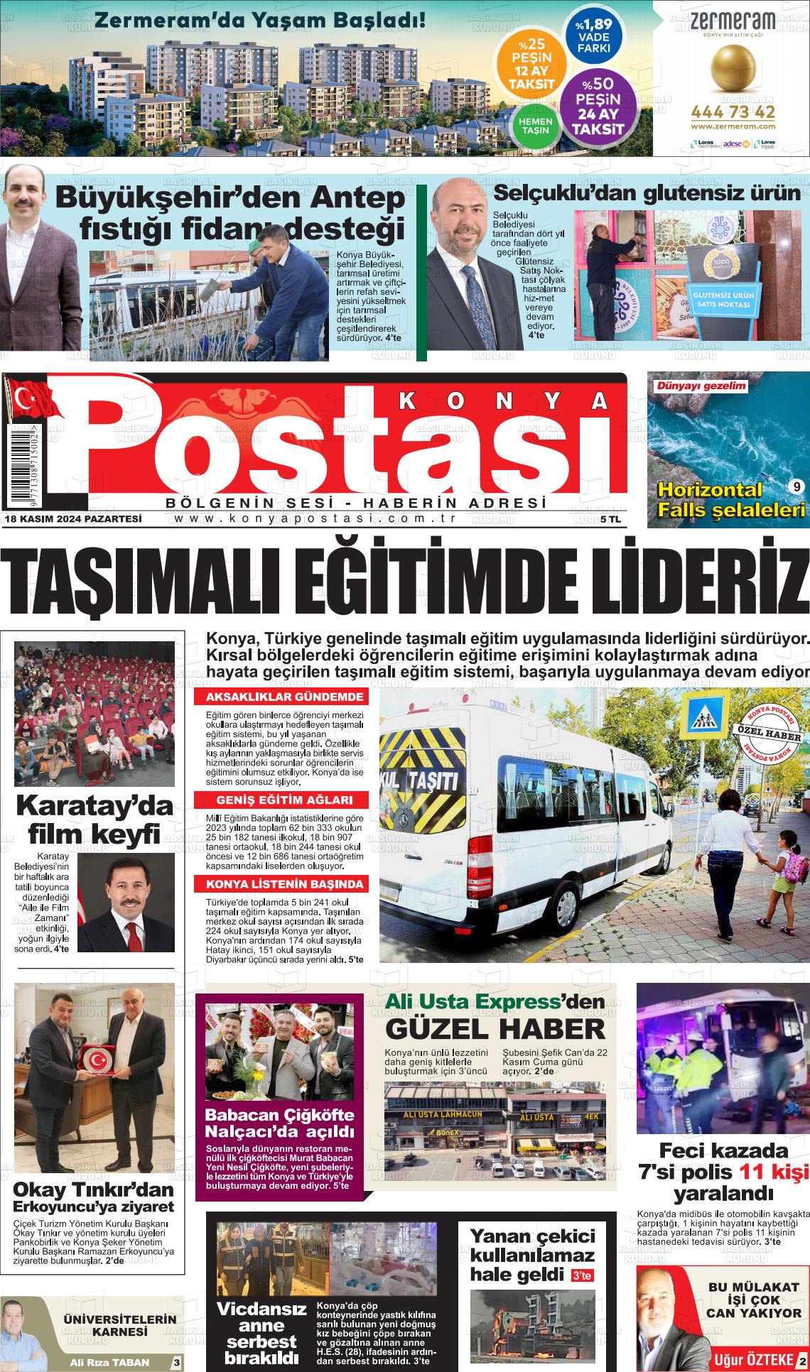 18 Kasım 2024 Konya Postası Gazete Manşeti