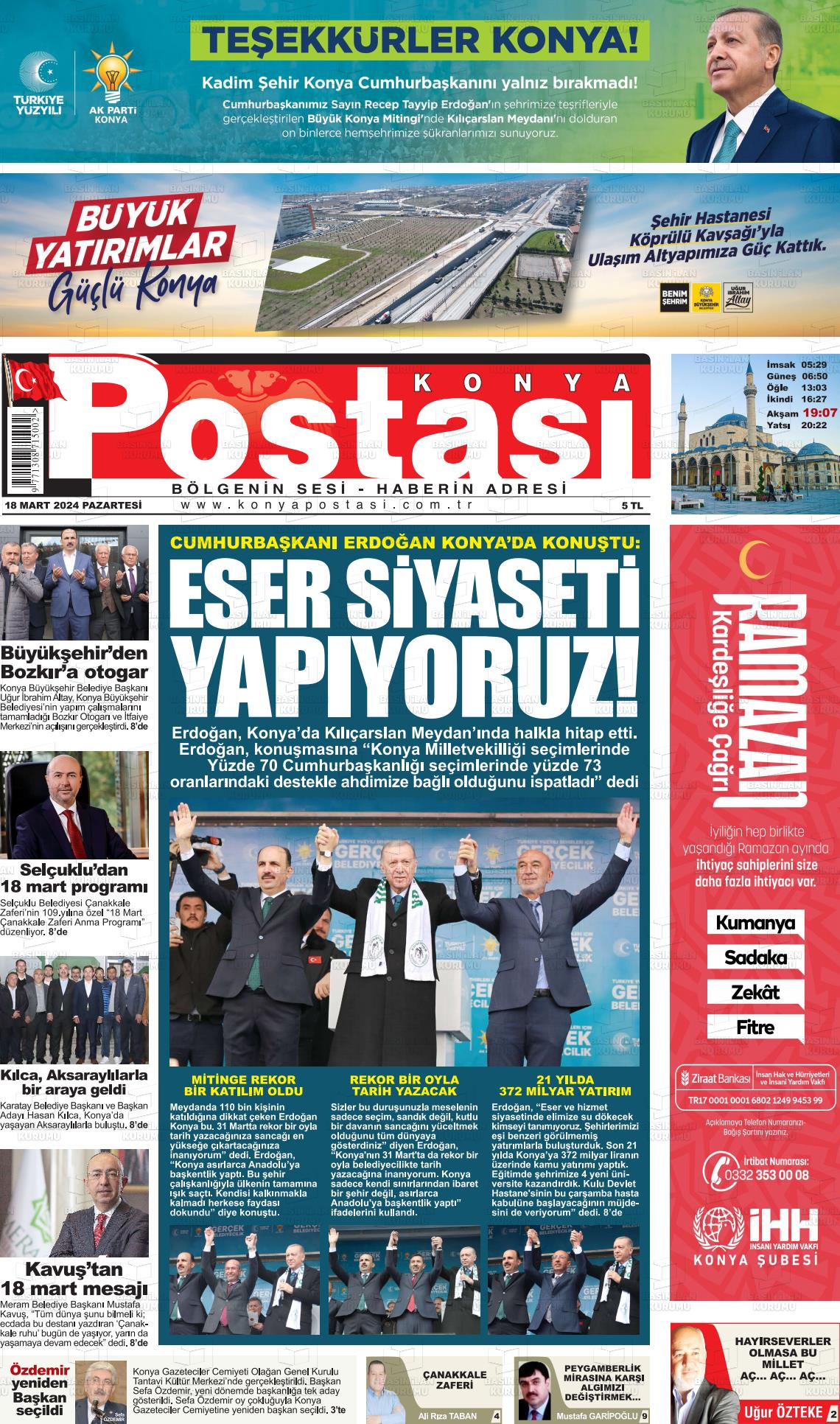 18 Mart 2024 Konya Postası Gazete Manşeti