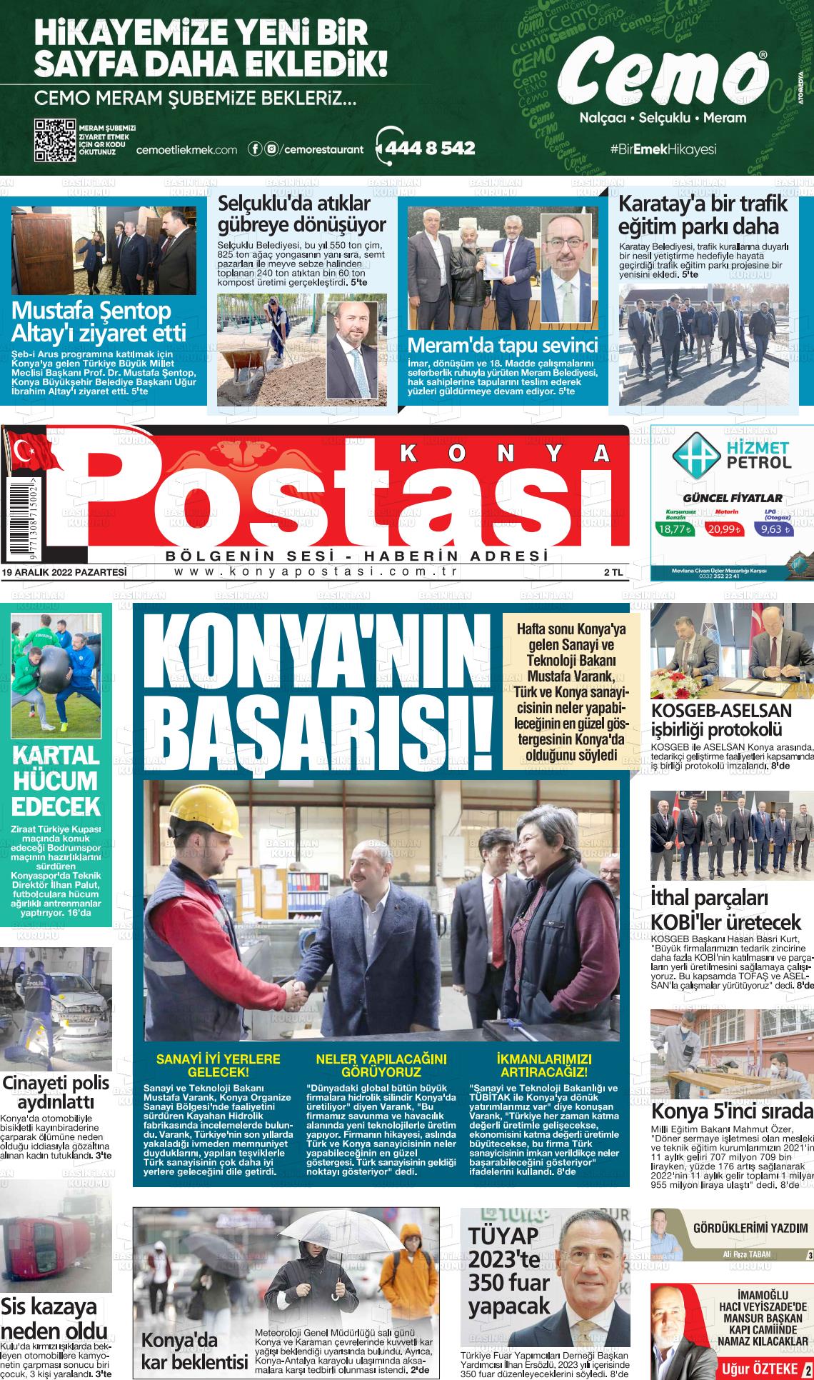 19 Aralık 2022 Konya Postası Gazete Manşeti