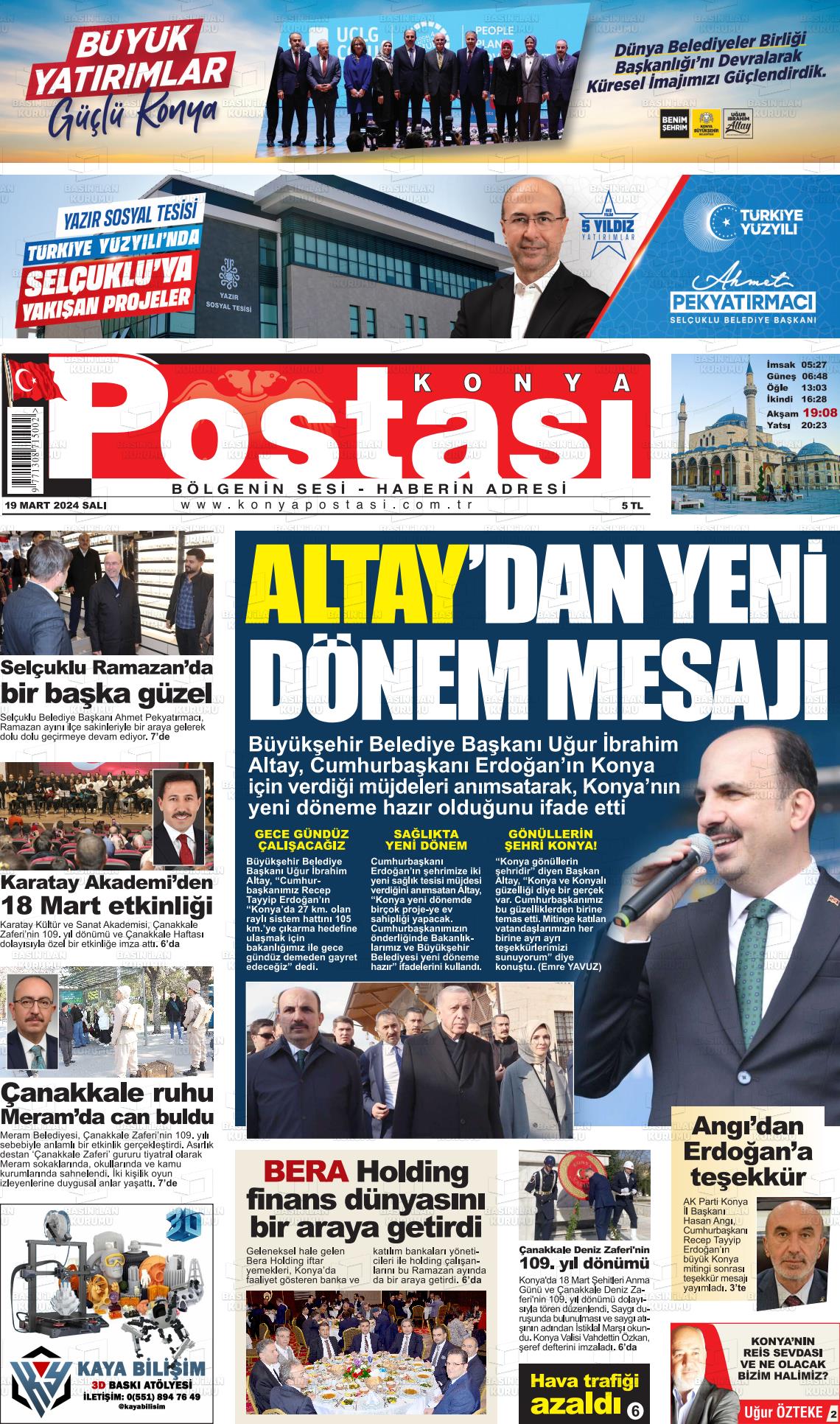 19 Mart 2024 Konya Postası Gazete Manşeti