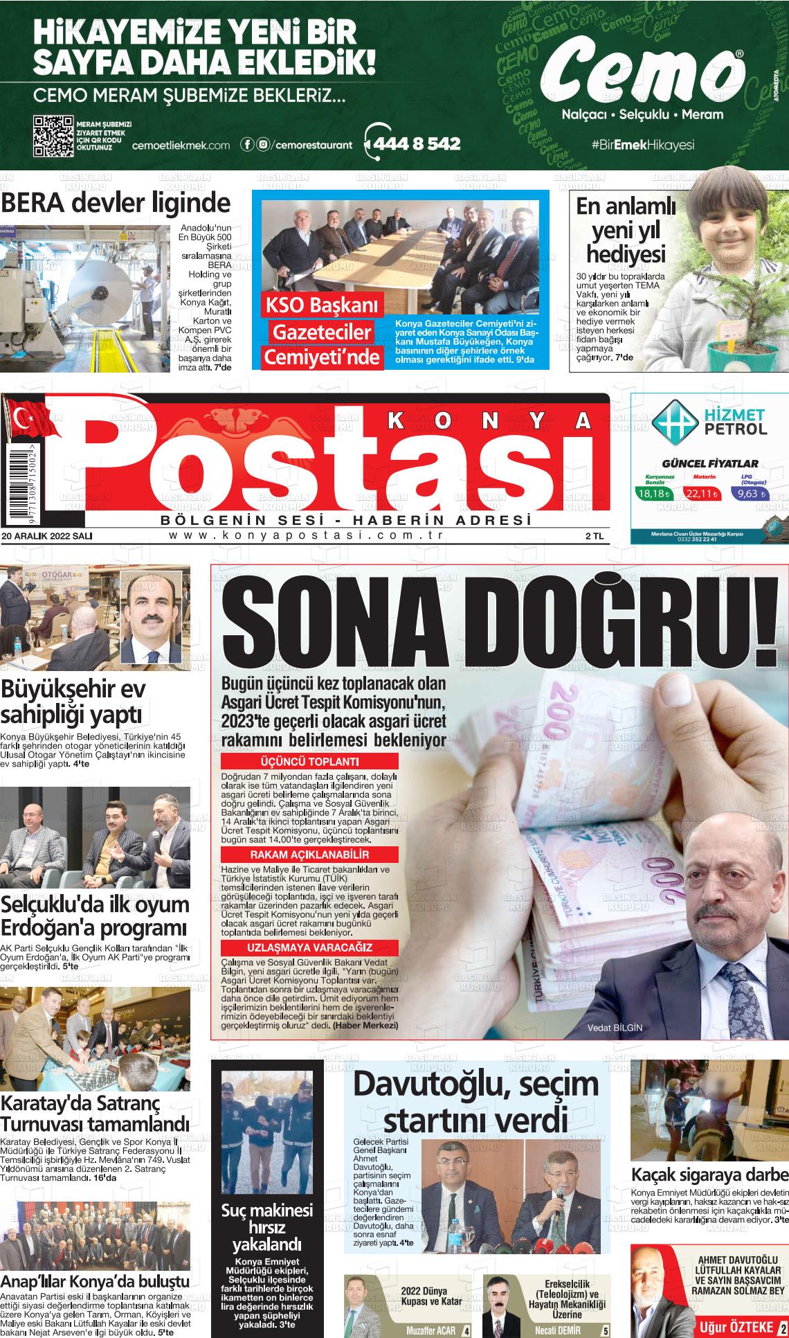 20 Aralık 2022 Konya Postası Gazete Manşeti