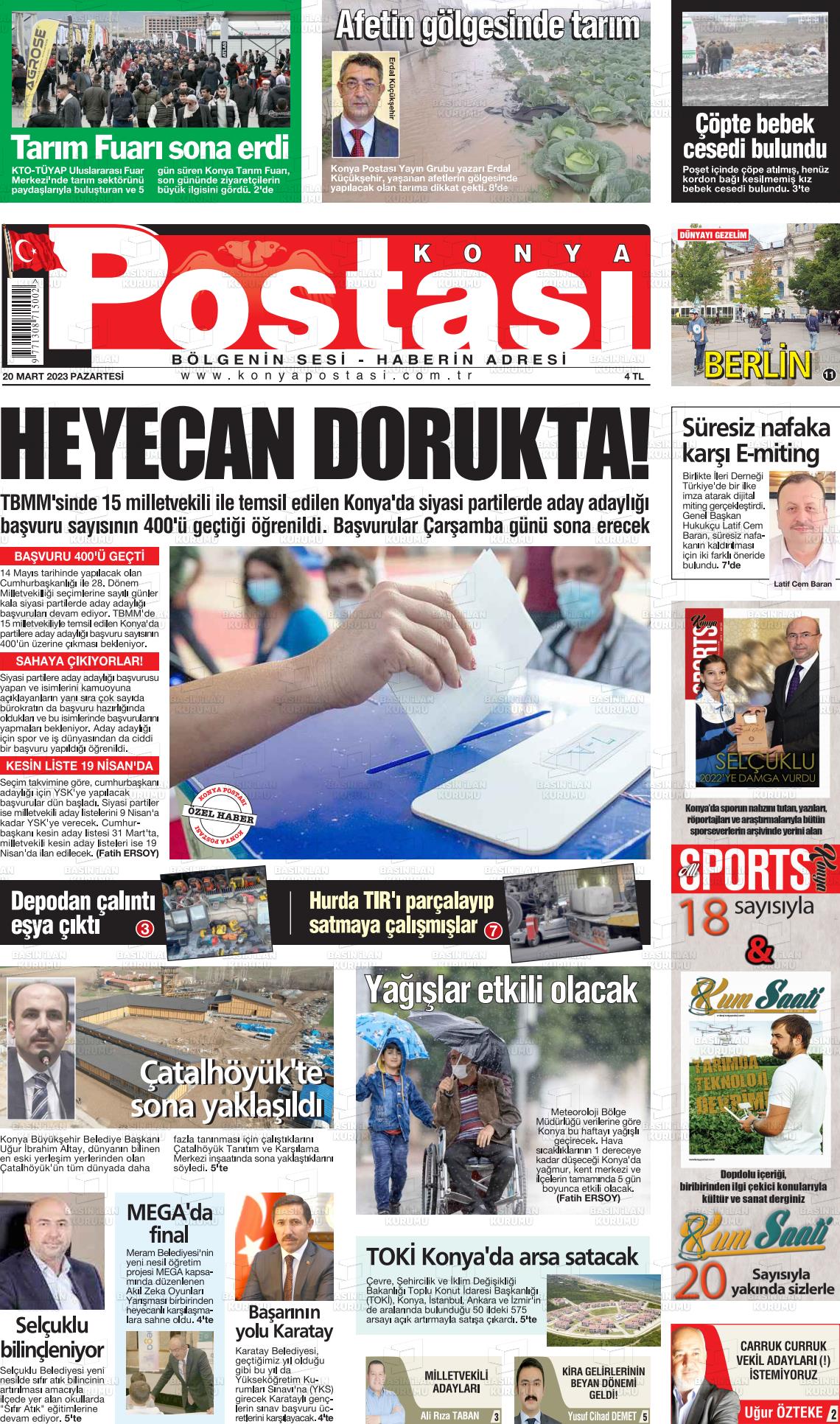 20 Mart 2023 Konya Postası Gazete Manşeti