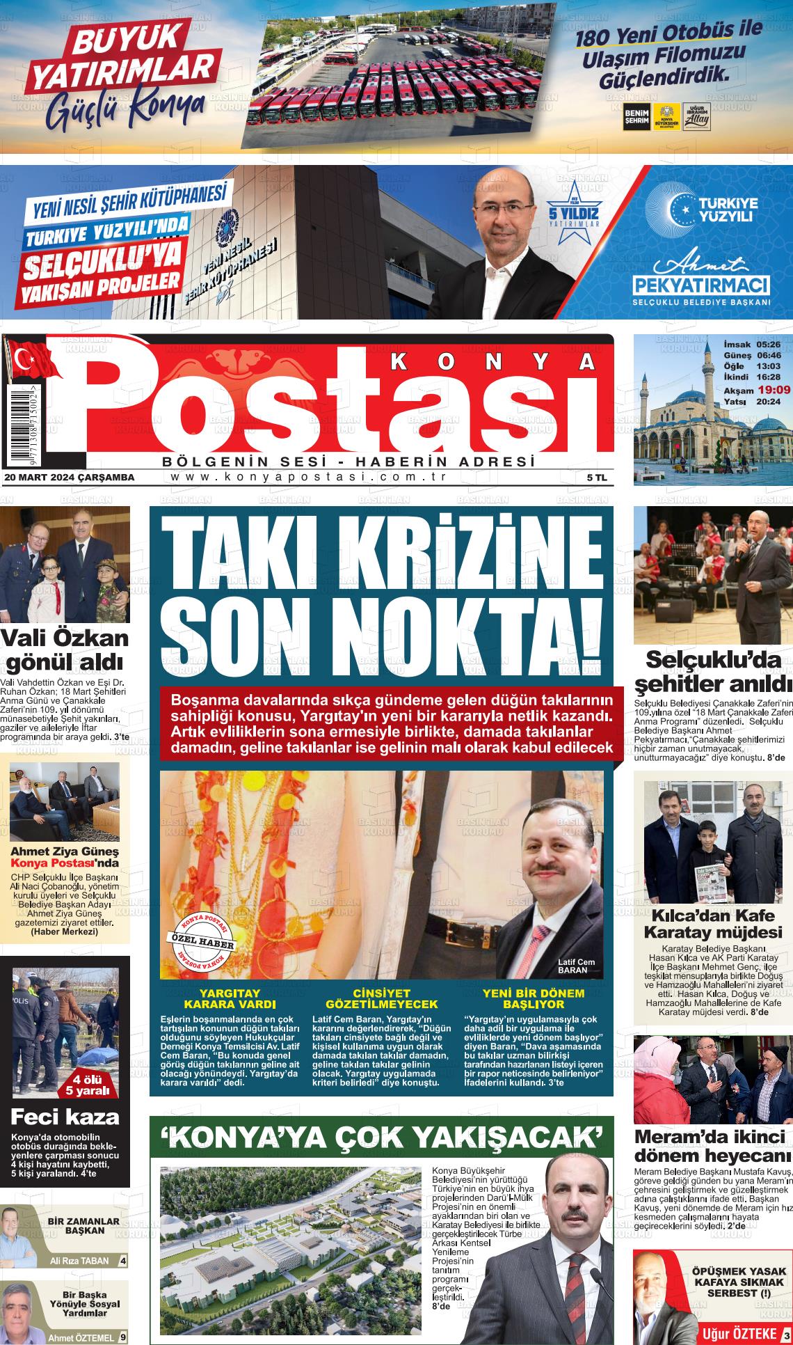 20 Mart 2024 Konya Postası Gazete Manşeti