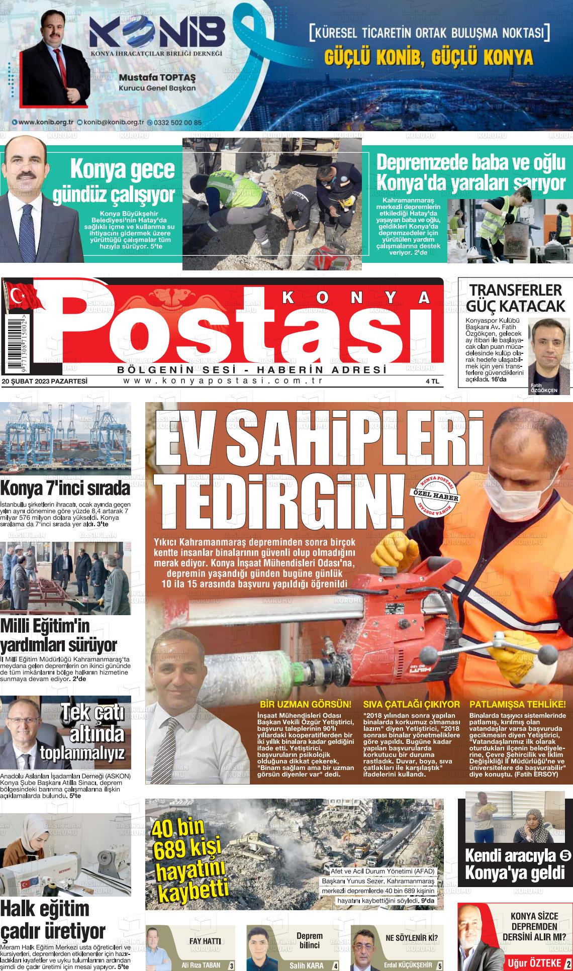 20 Şubat 2023 Konya Postası Gazete Manşeti