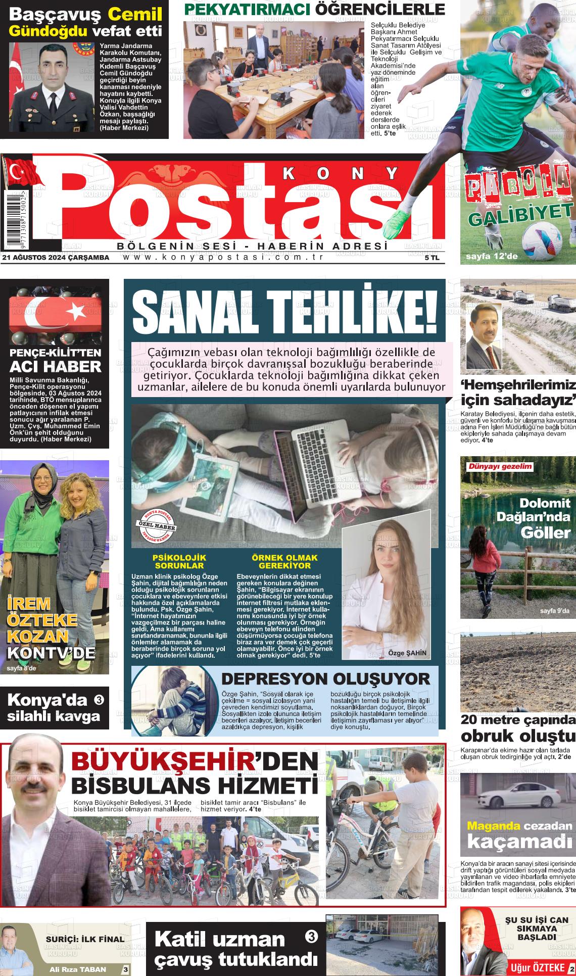 21 Ağustos 2024 Konya Postası Gazete Manşeti