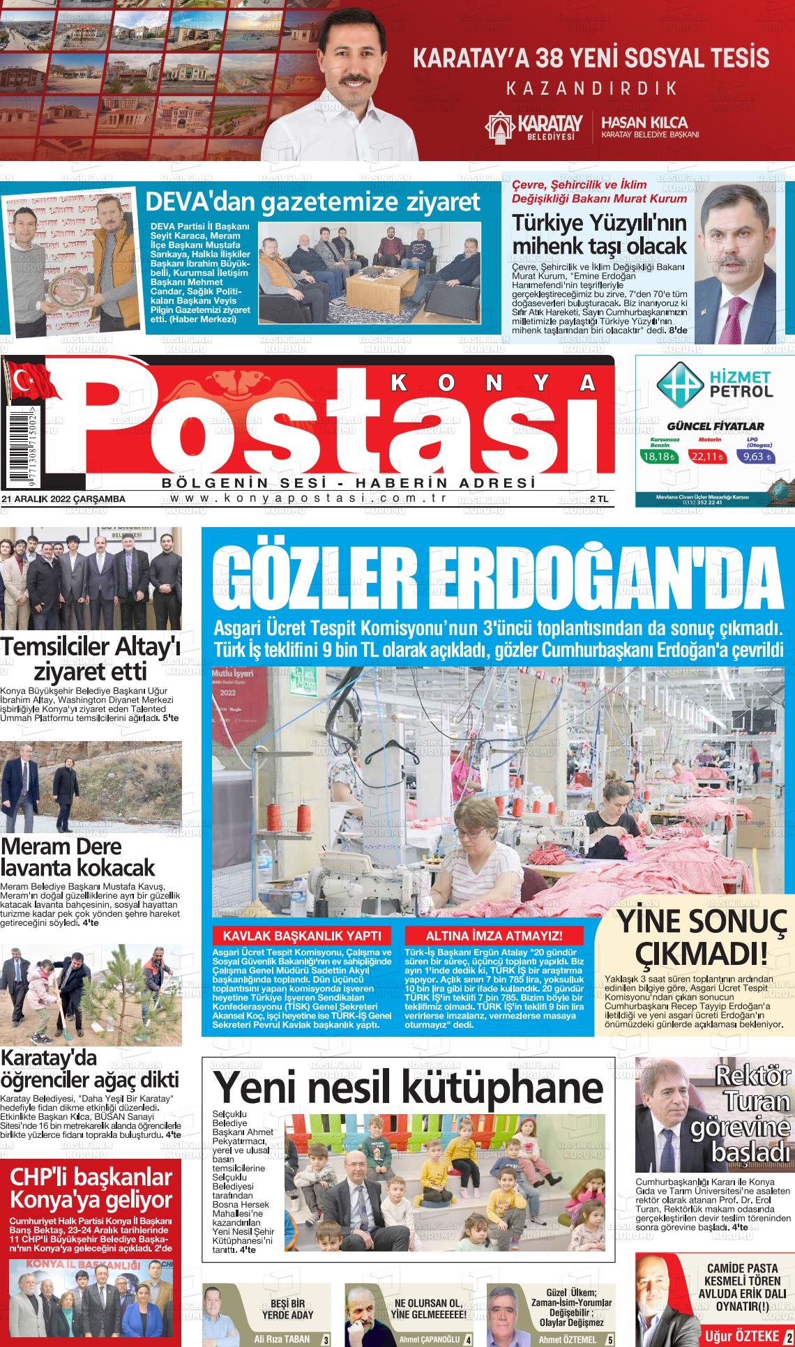 21 Aralık 2022 Konya Postası Gazete Manşeti