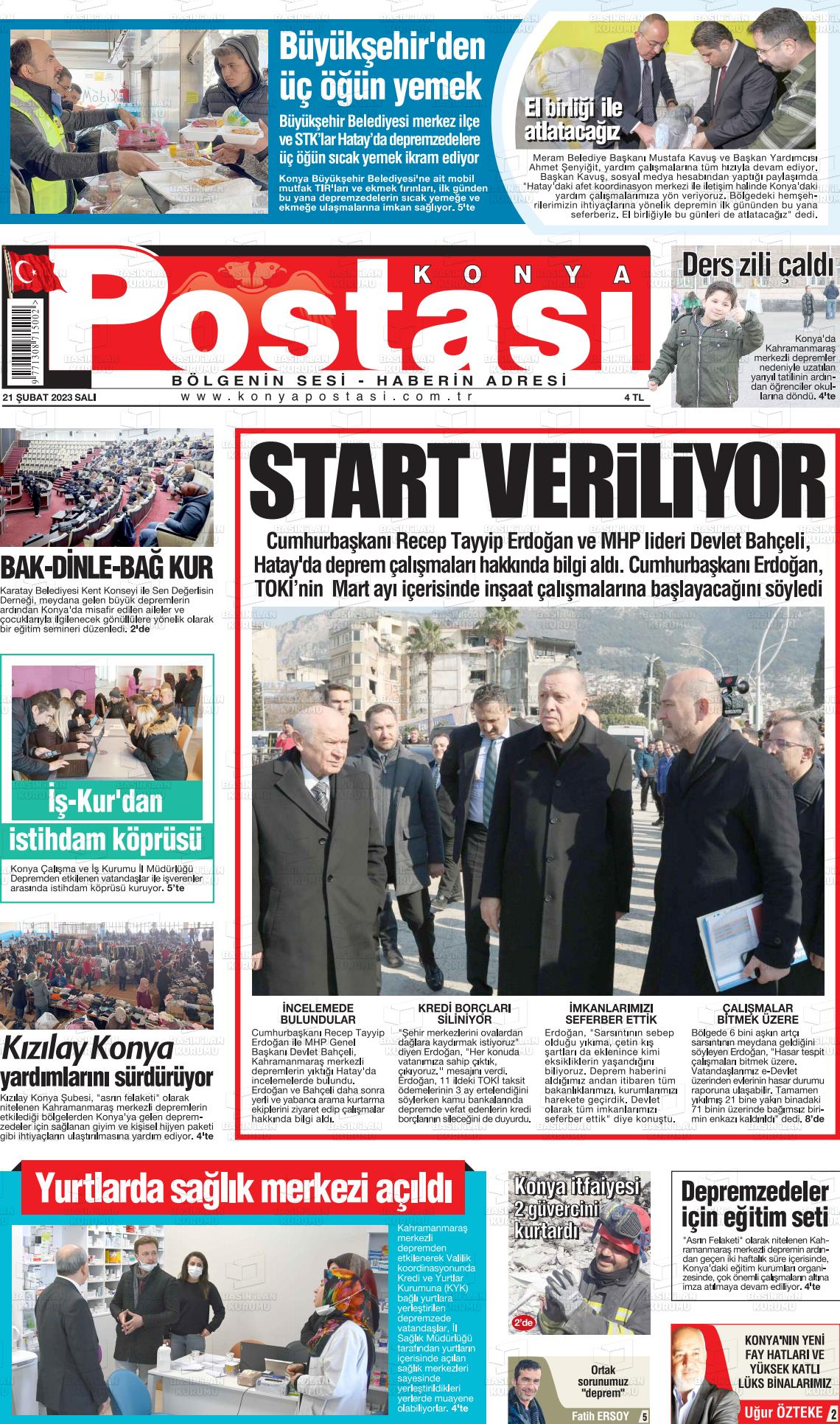 21 Şubat 2023 Konya Postası Gazete Manşeti