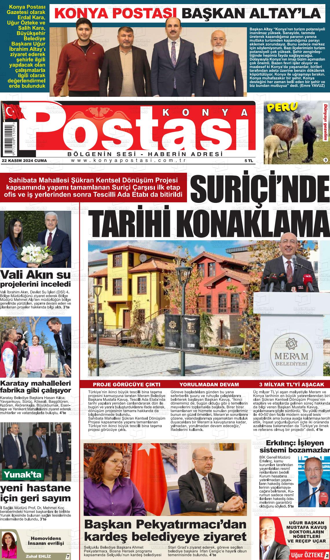 22 Kasım 2024 Konya Postası Gazete Manşeti