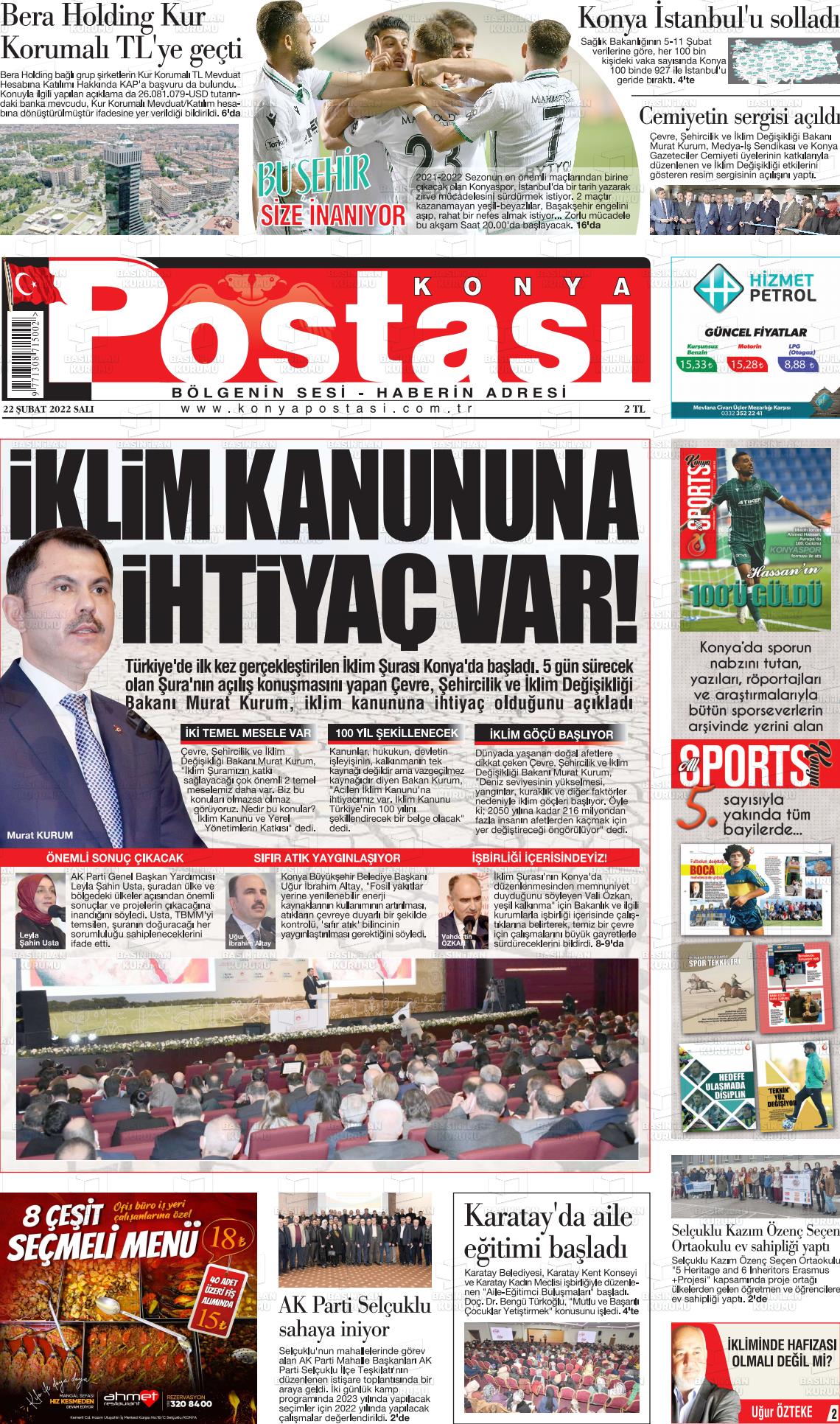 22 Şubat 2022 Konya Postası Gazete Manşeti