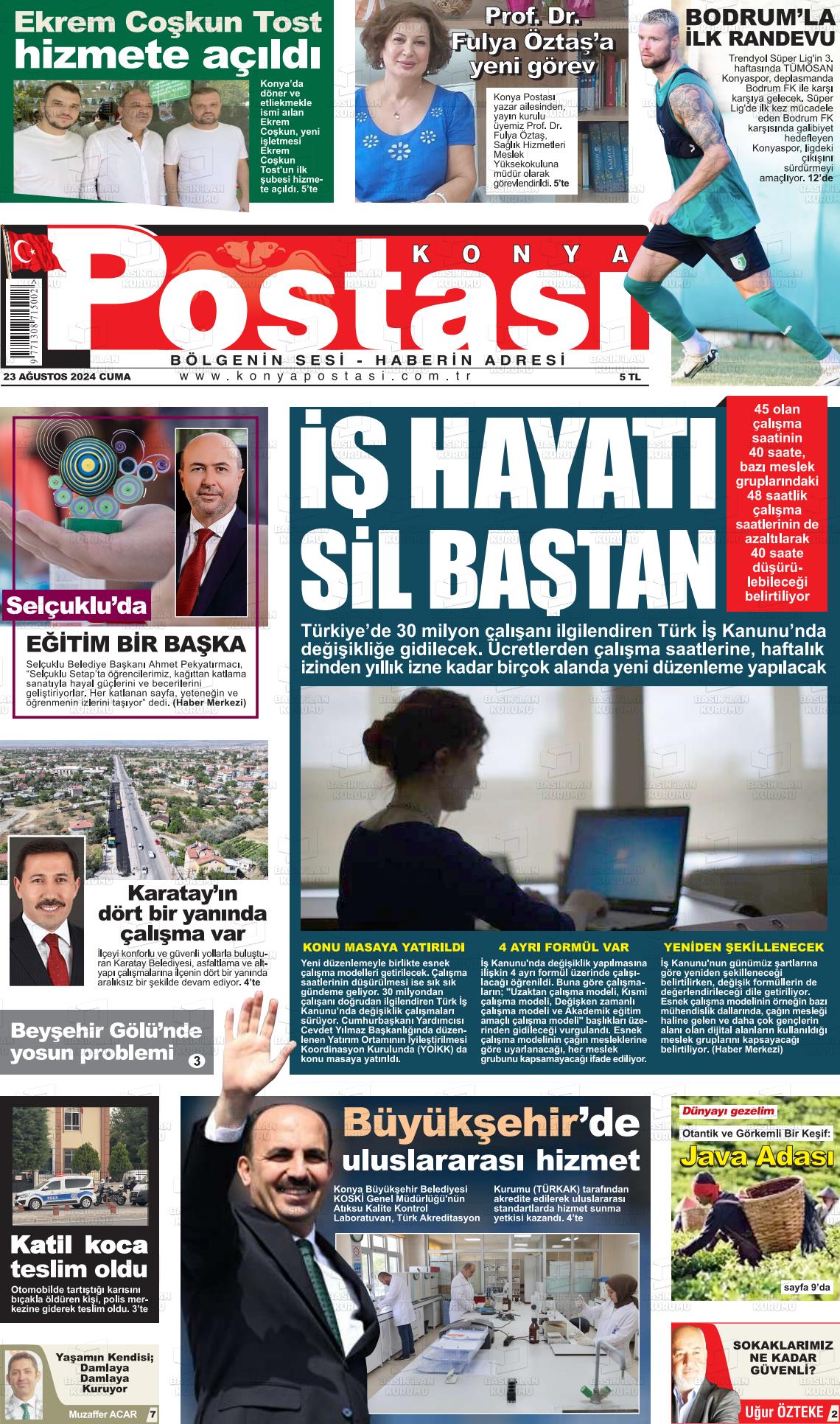 23 Ağustos 2024 Konya Postası Gazete Manşeti