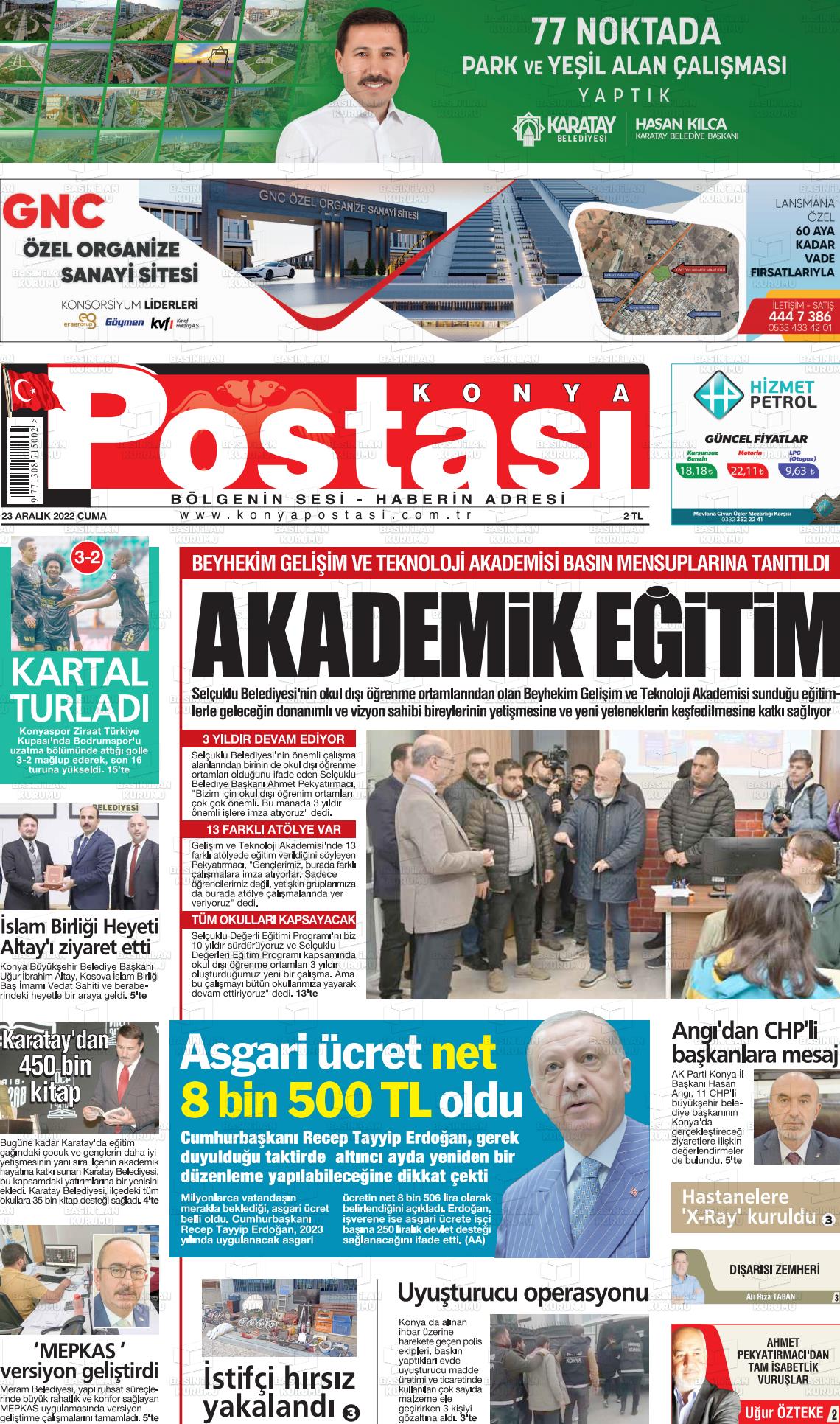 23 Aralık 2022 Konya Postası Gazete Manşeti