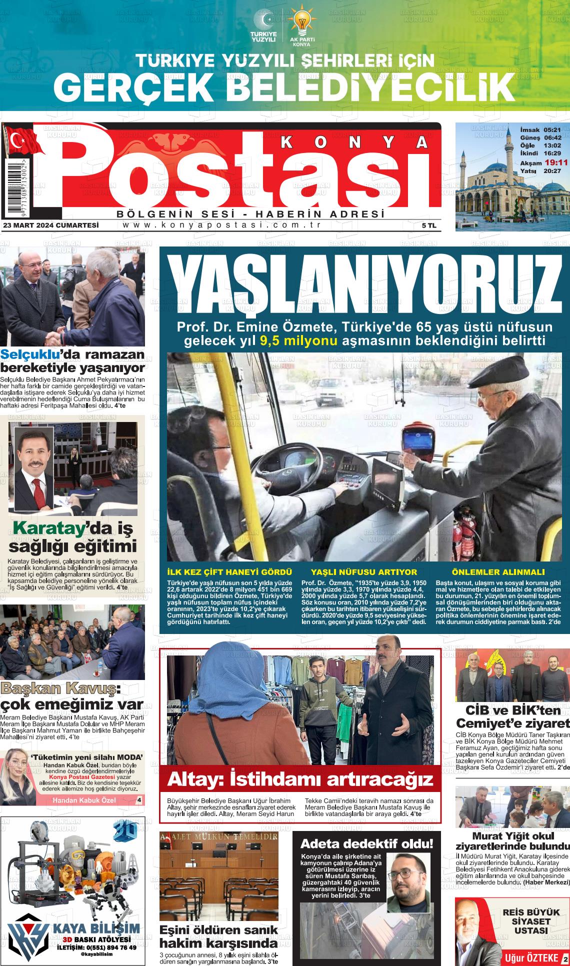 23 Mart 2024 Konya Postası Gazete Manşeti