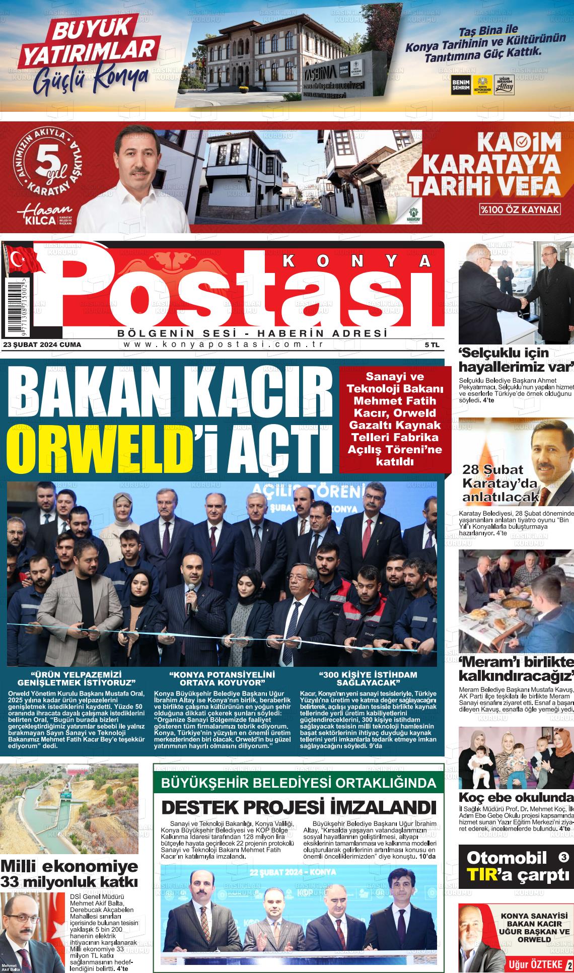 23 Şubat 2024 Konya Postası Gazete Manşeti