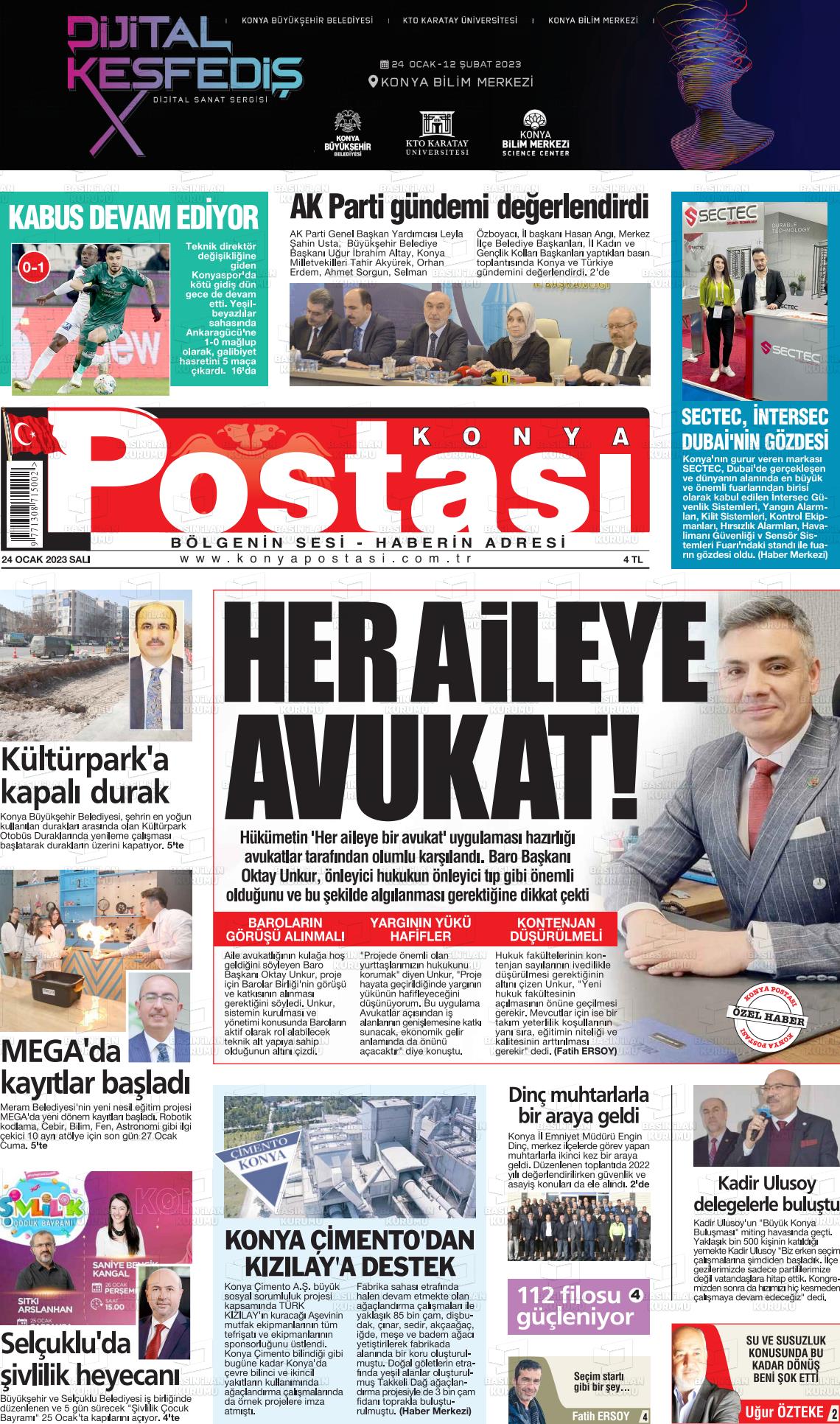 24 Ocak 2023 Konya Postası Gazete Manşeti