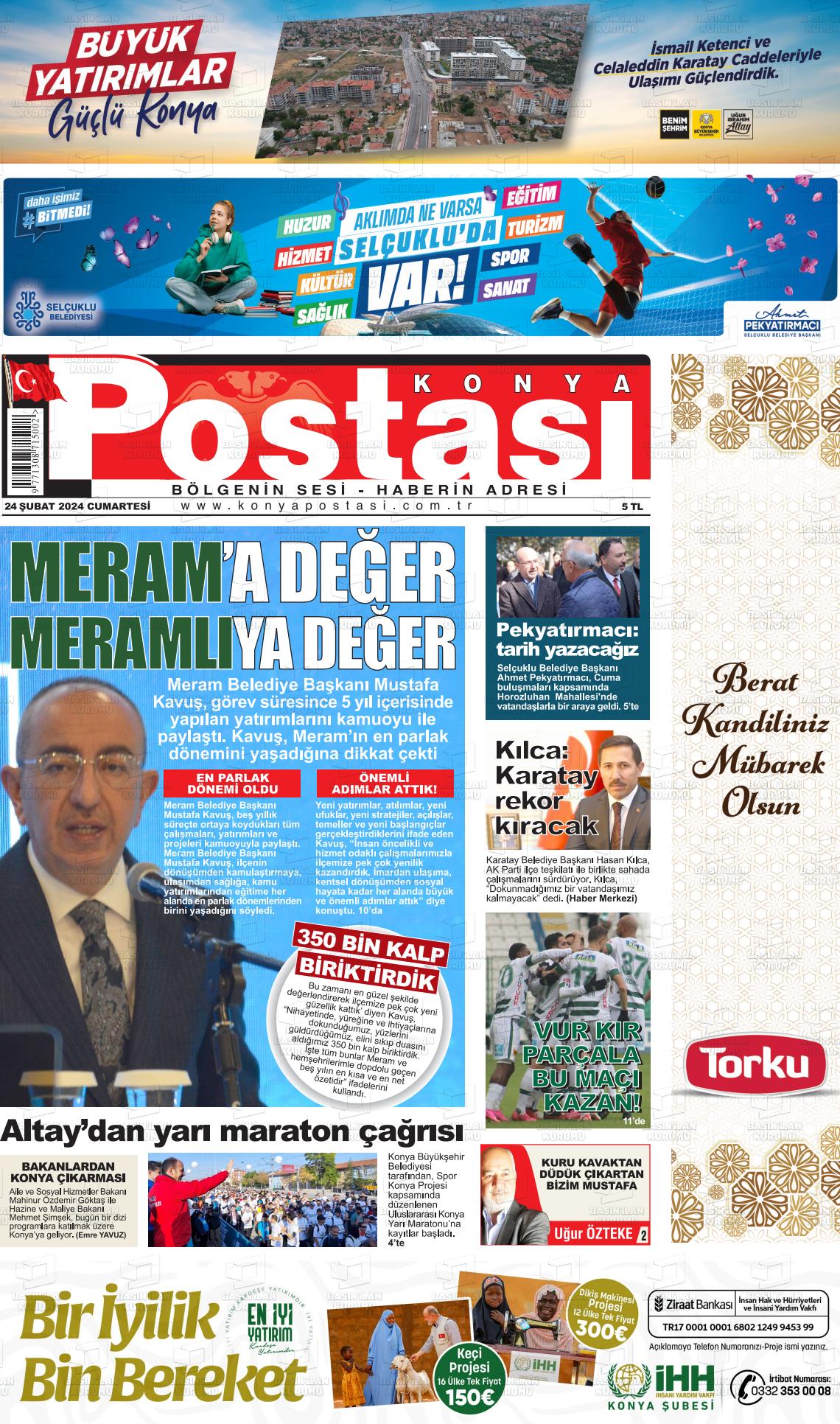 24 Şubat 2024 Konya Postası Gazete Manşeti