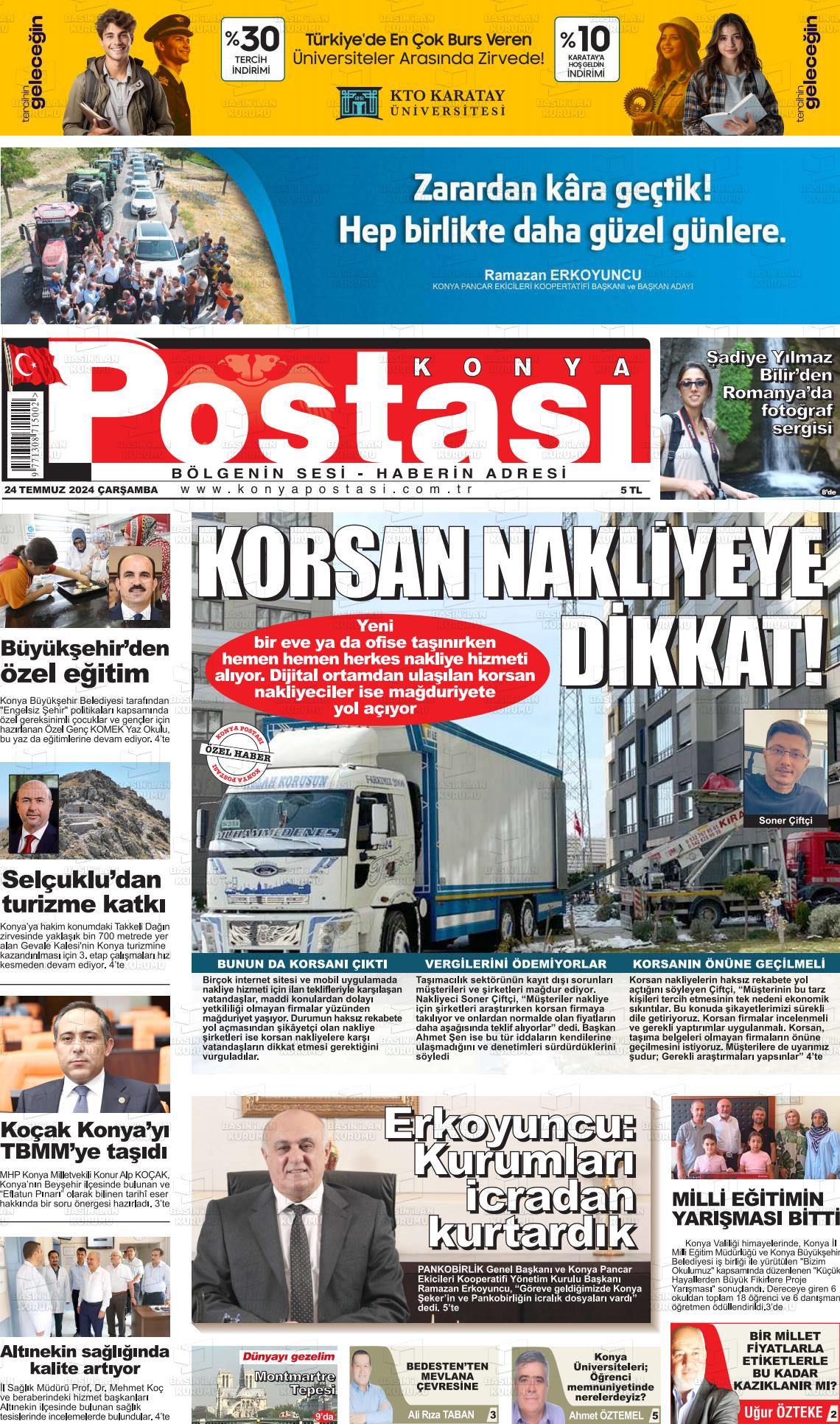 24 Temmuz 2024 Konya Postası Gazete Manşeti