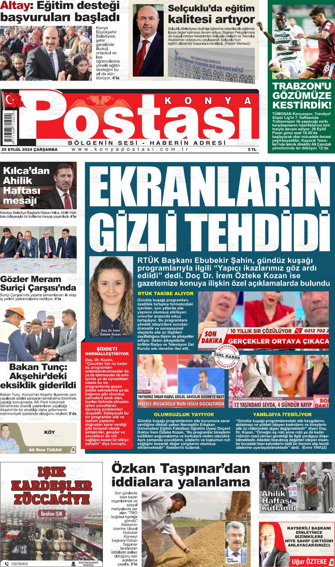 25 Eylül 2024 Konya Postası Gazete Manşeti