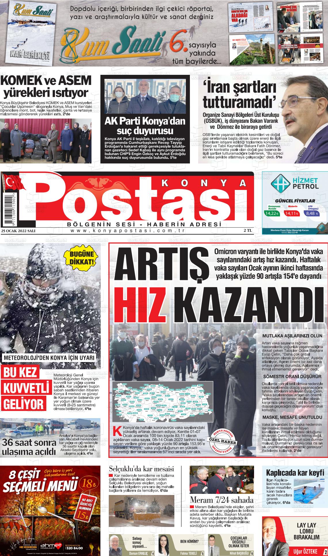 25 Ocak 2022 Konya Postası Gazete Manşeti