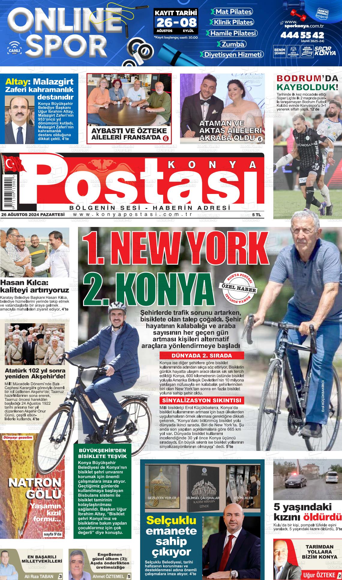 26 Ağustos 2024 Konya Postası Gazete Manşeti