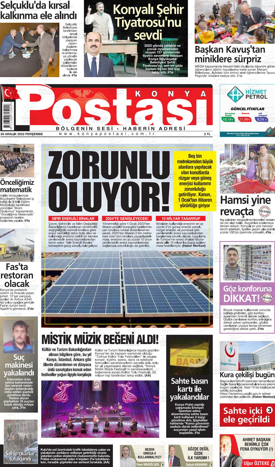 29 Aralık 2022 Konya Postası Gazete Manşeti