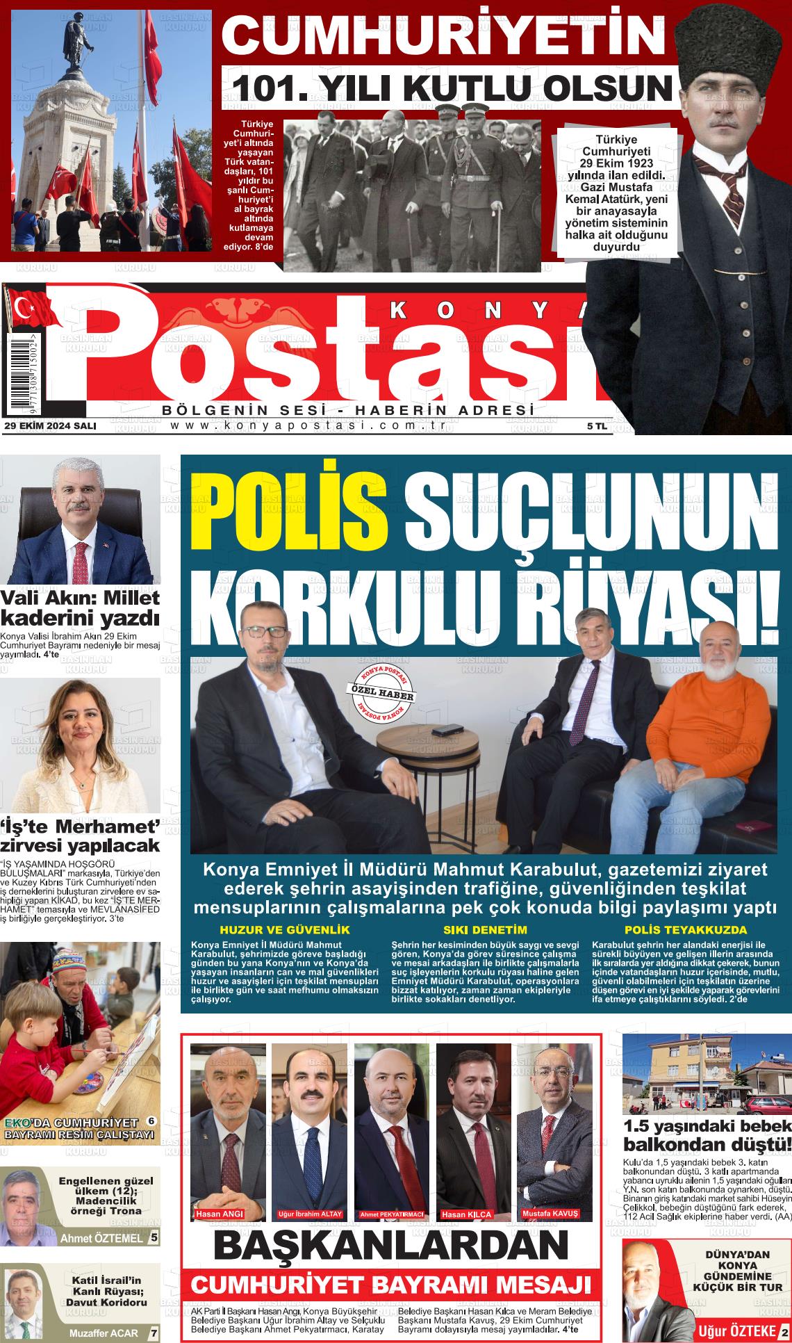 29 Ekim 2024 Konya Postası Gazete Manşeti