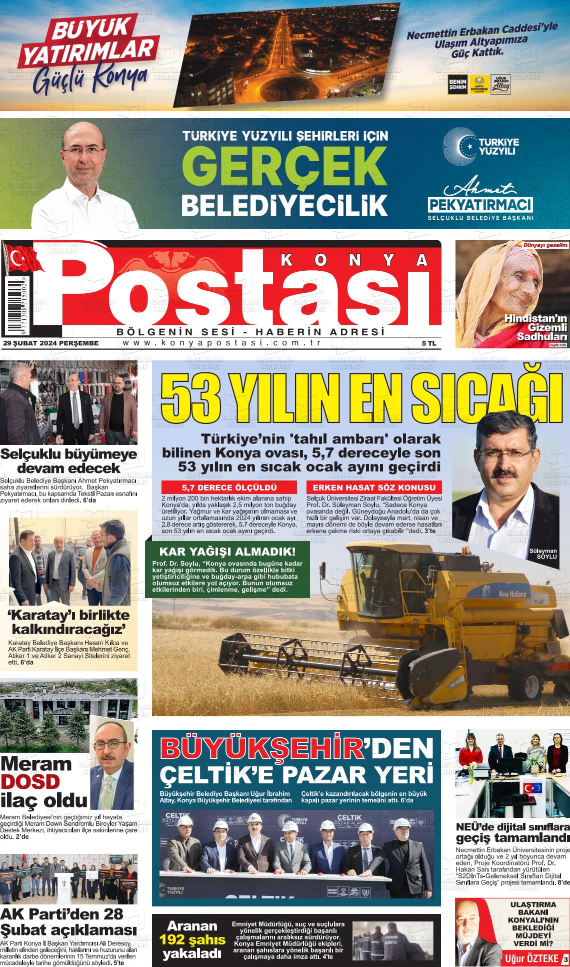 29 Şubat 2024 Konya Postası Gazete Manşeti