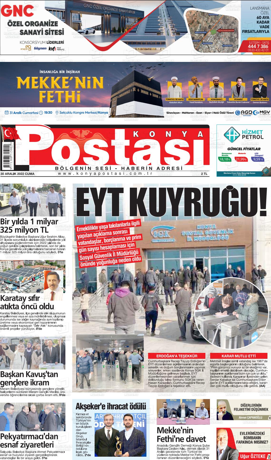 30 Aralık 2022 Konya Postası Gazete Manşeti