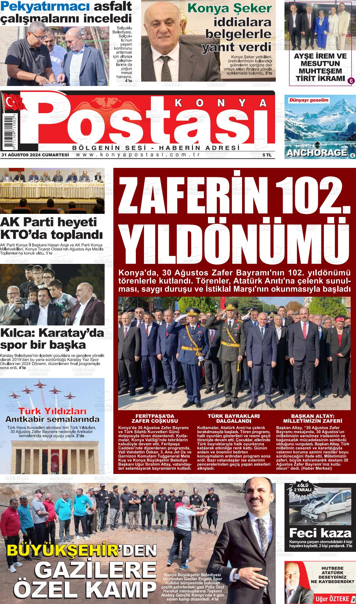 31 Ağustos 2024 Konya Postası Gazete Manşeti